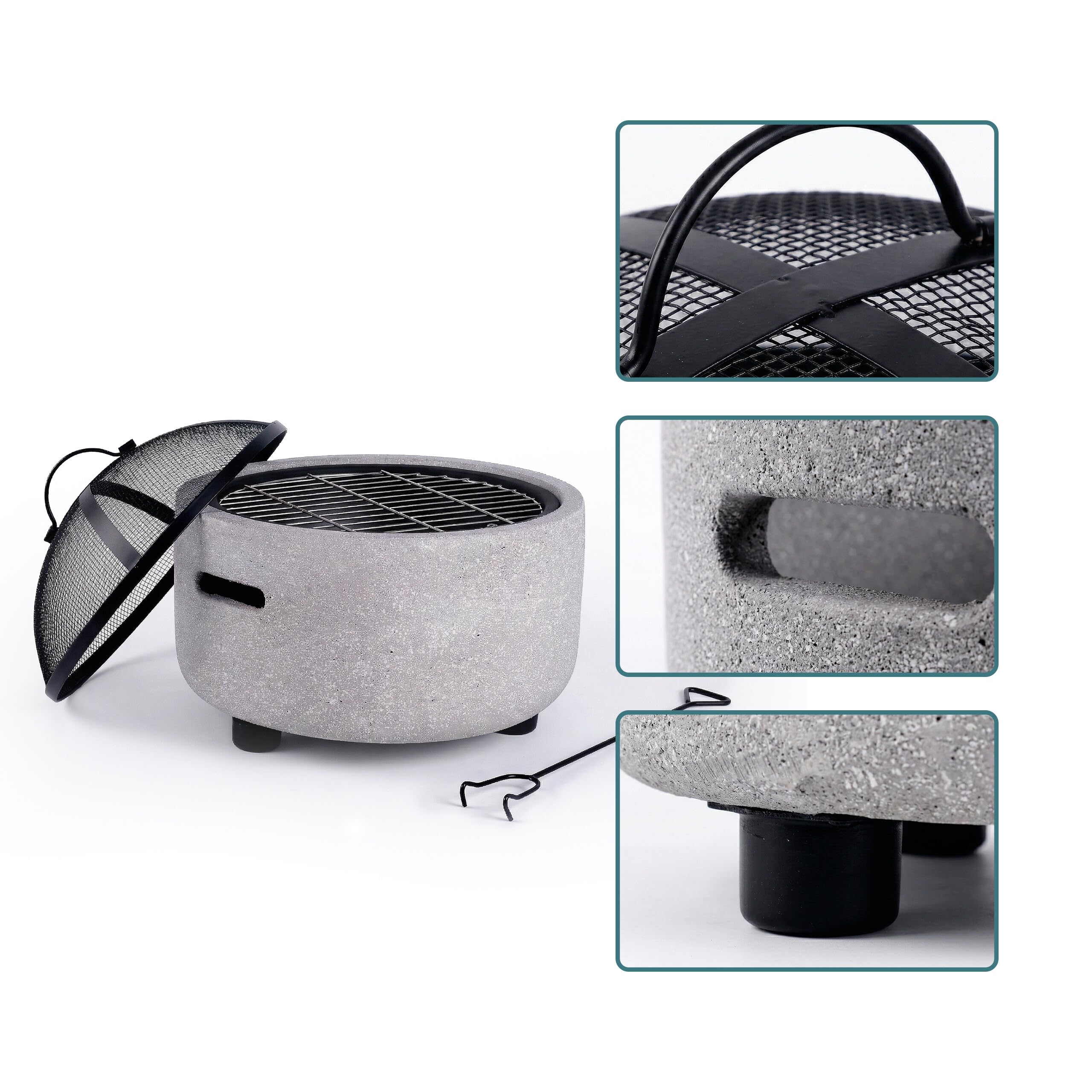 Relaxdays Feuerschale, Ø Schale 44 cm, Funkenschutz, grau/schwarz | Schürhaken, Steinoptik, Stahl, Feuerstelle Garten