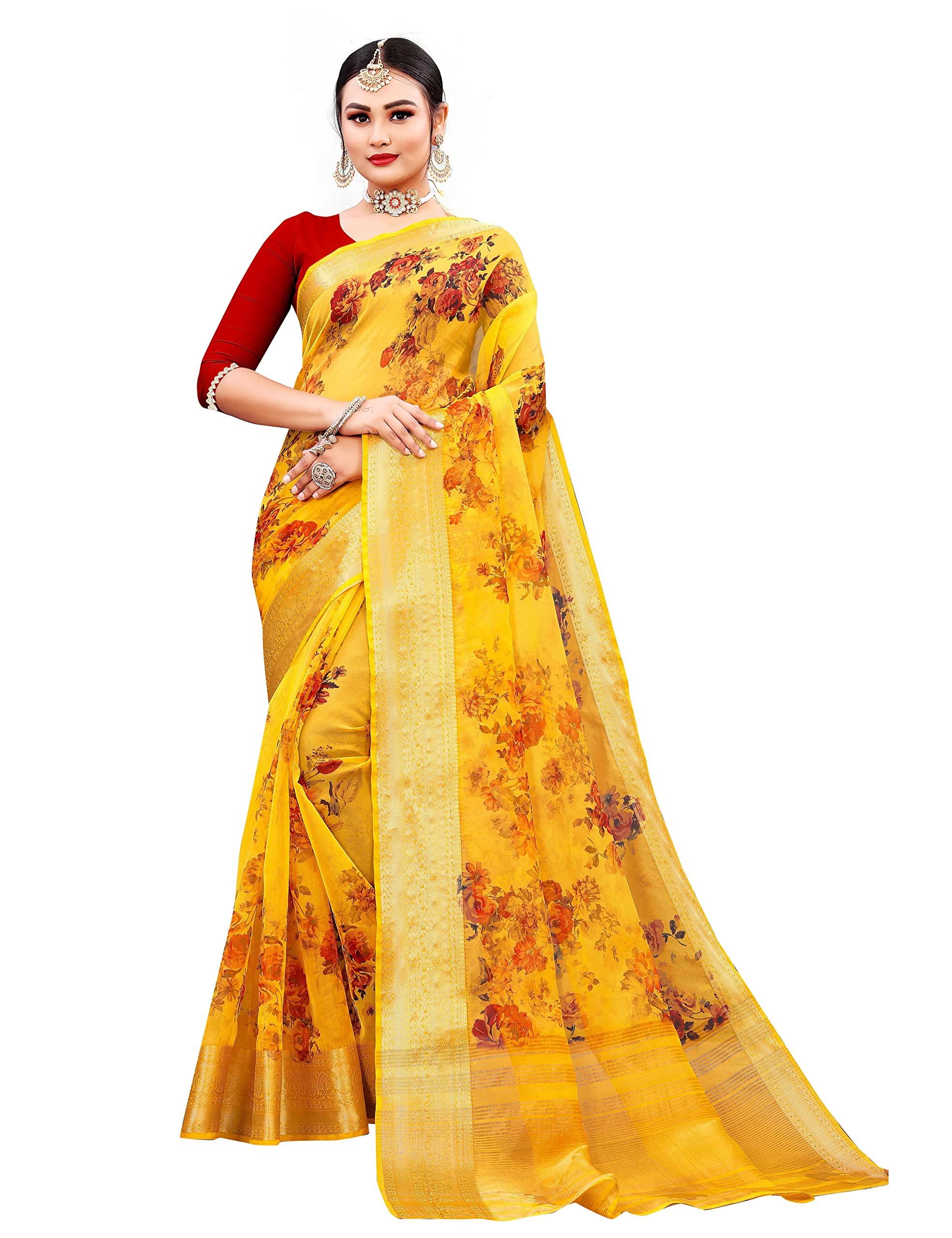PBS PRINTS WOMEN'S Organza digital floral print saree with unstiched blouse