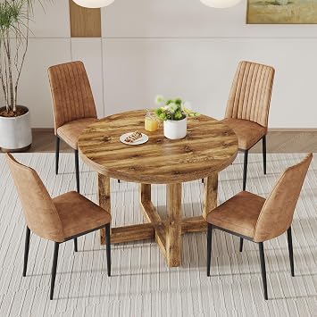 Farmhouse Round Wood Dining Table Set for 4 Rustic Dining Room Table and 4 Leathaire Chairs Kitchen Table and Chairs Set of 4Brown Table+4 Brown Chairs