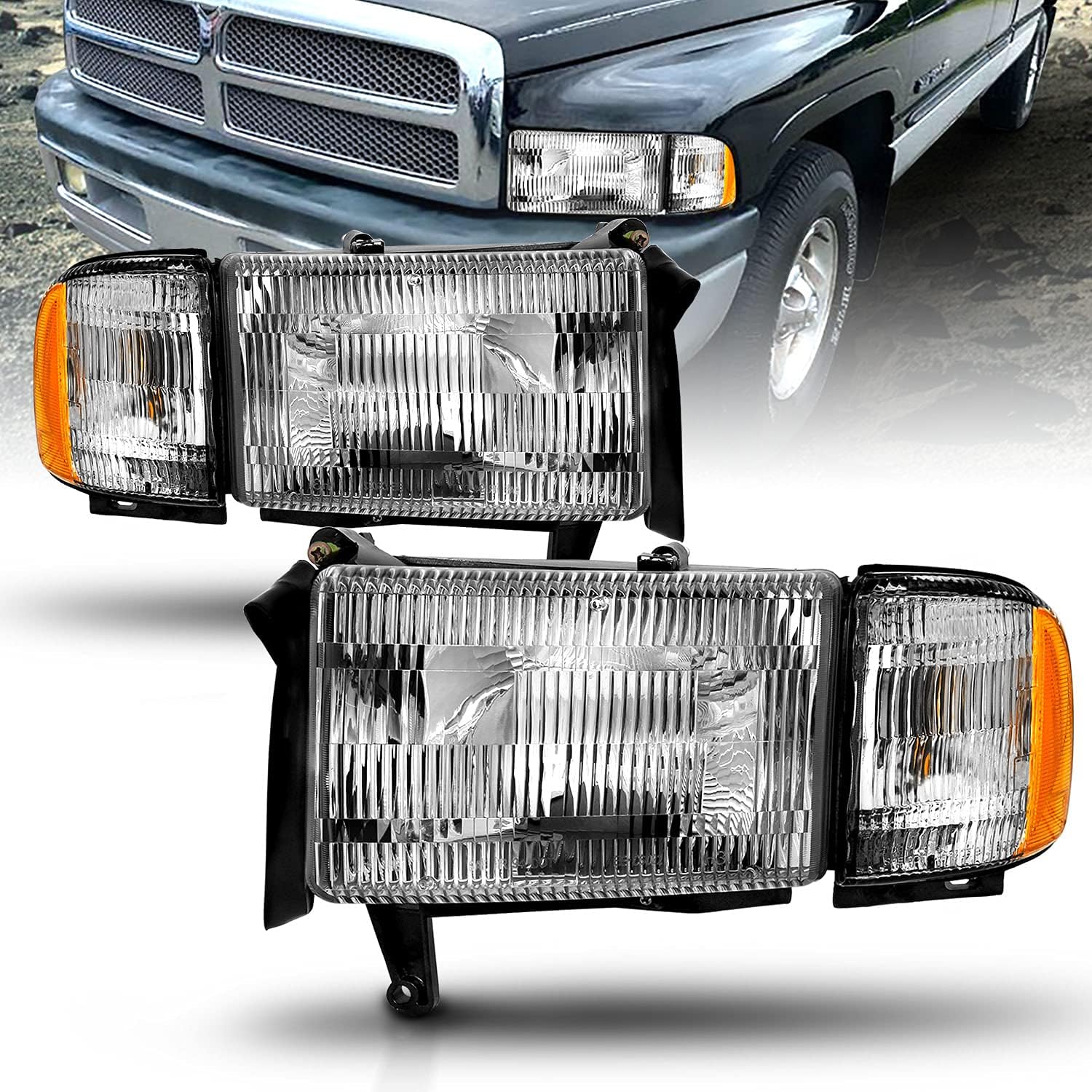 AmeriLite 1994-2001 Chrome Replacement Headlight And Corner Set For Dodge Ram Pickup Truck Left and Right Side