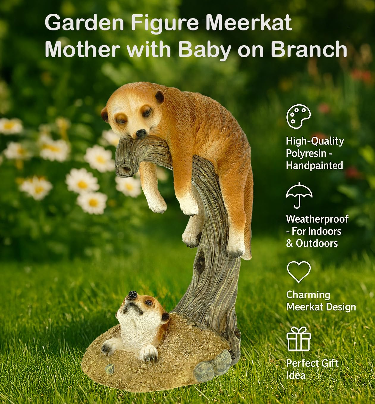 Kremers Schatzkiste Erdmännchen Mama + Kind auf AST Gartenfigur Polyresin 24 cm gartenfigur-en groß Gross Figur-en skulptur-en für den Tier-Figur-en deko-Ration Mama mit Kind Familie wetterfest