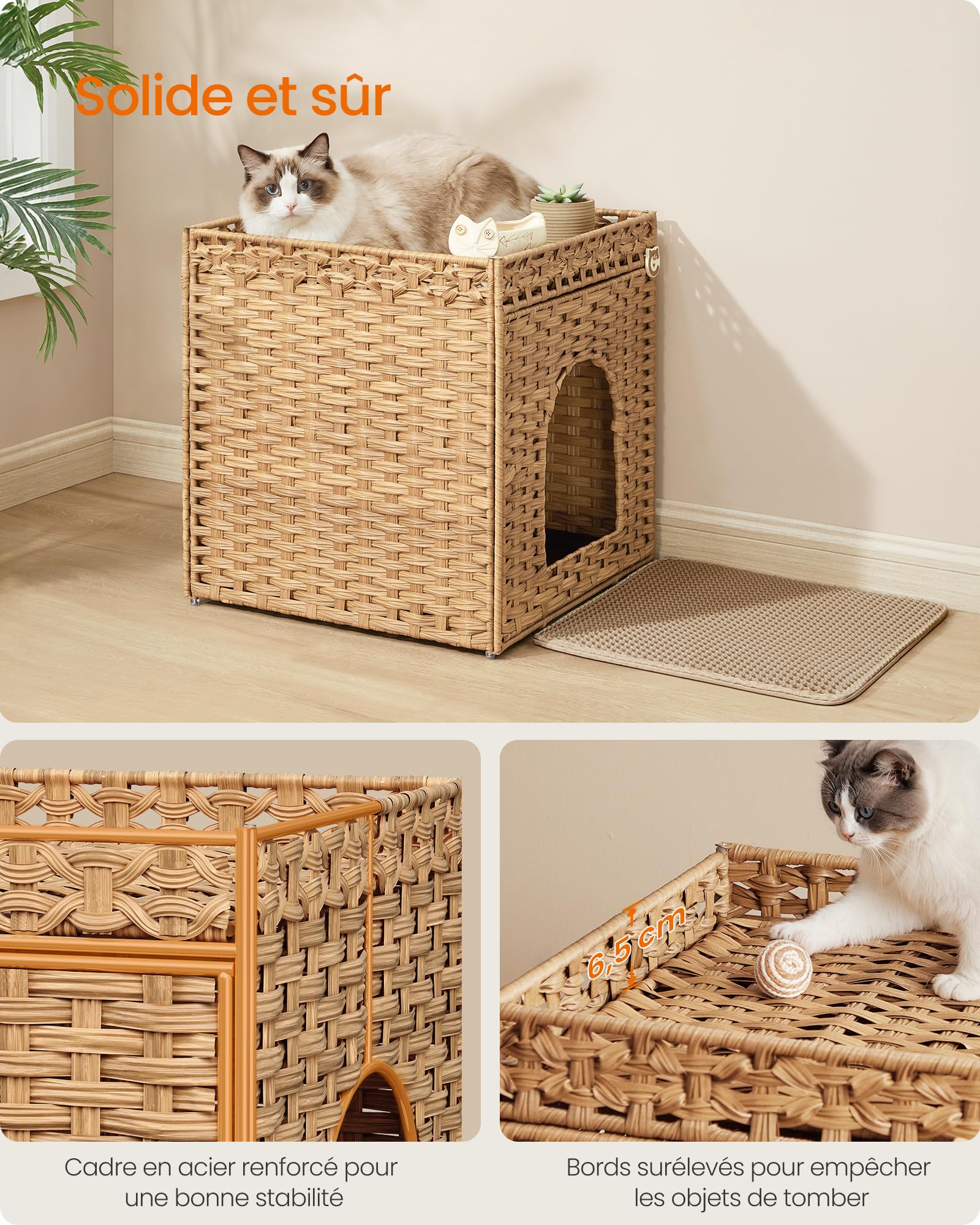 Feandrea Maison de Toilette pour Chat, Meuble Litière en Résine Tressée, Plateau Amovible, Table d'Appoint, 52,5 x 52,5 x 56 cm, Jaune, Style Bohème, Collection Eliott PCL024YE01