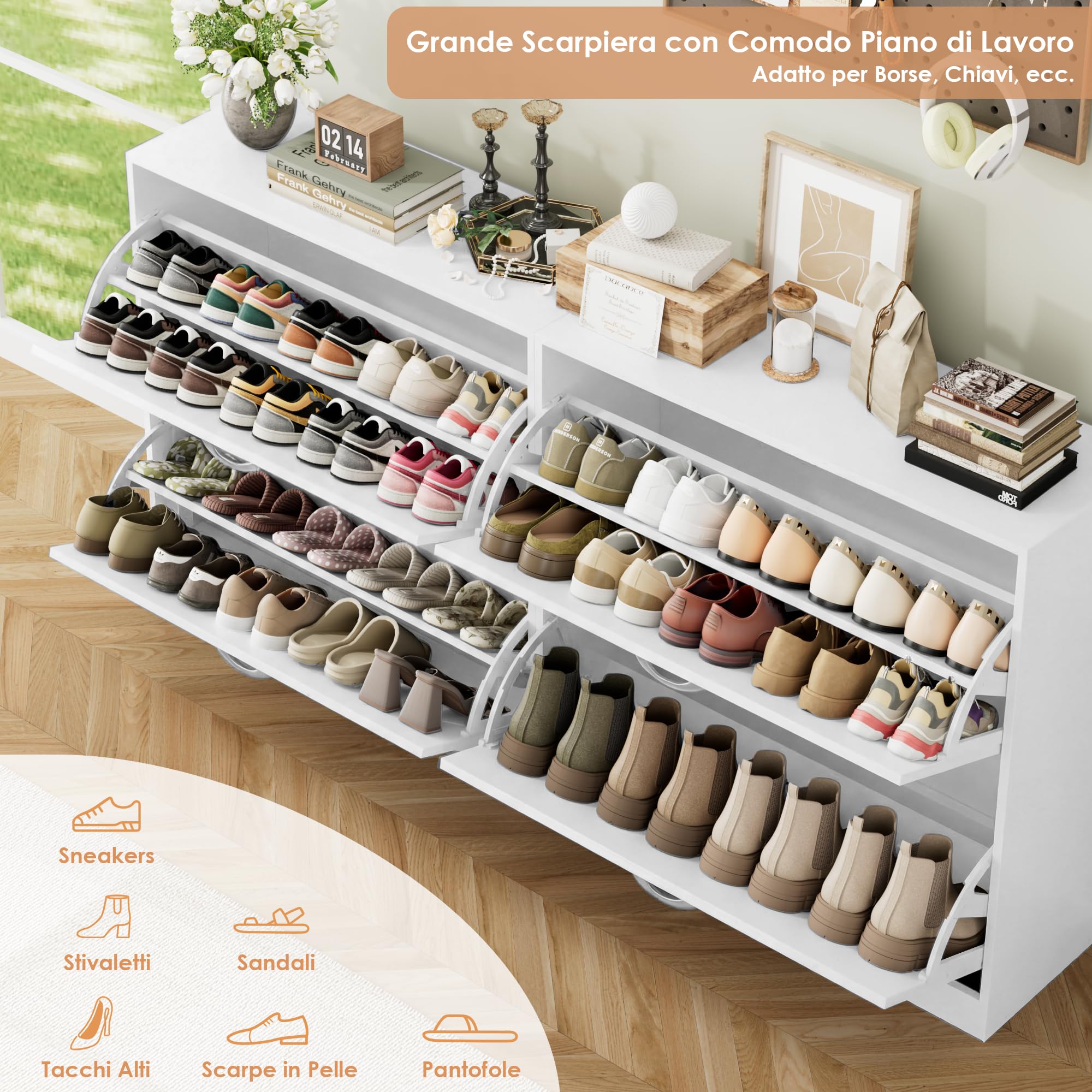 FirFurd Scarpiera Portascarpe,Scarpiera Slim Salvaspazio con 2 Ante a Ribalta,Divisore Regolabile e Rimovibile,per 12 Paia di Scarpe 80x23.5x80cm Bianco