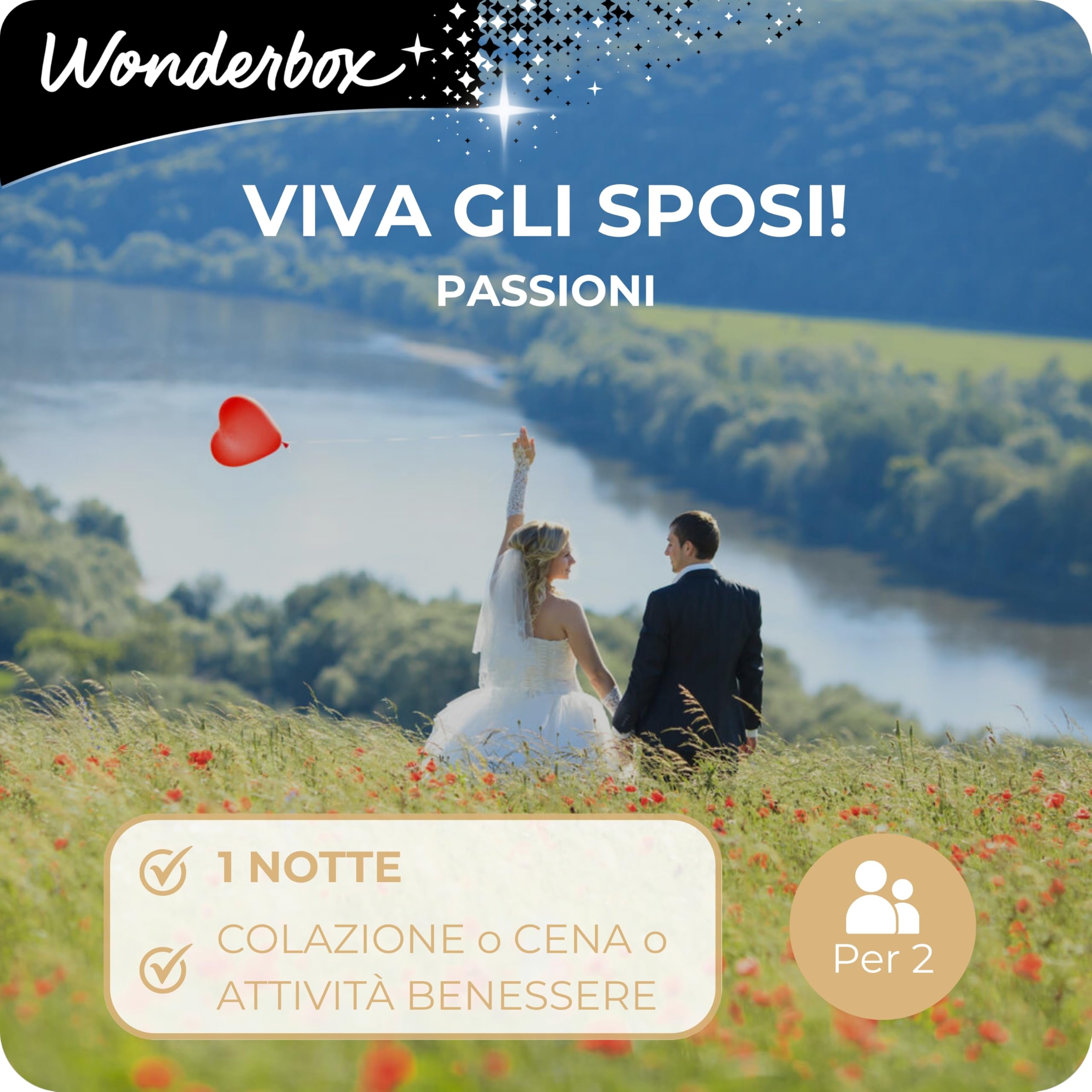 WONDERBOX - Cofanetto Regalo - Viva Gli Sposi - Passioni - per 2 Persone | 1 notte con attività benessere o cena gourmet o 2 notti con colazione - Più di 4000 esperienze - Regalo di matrimonio e nozze