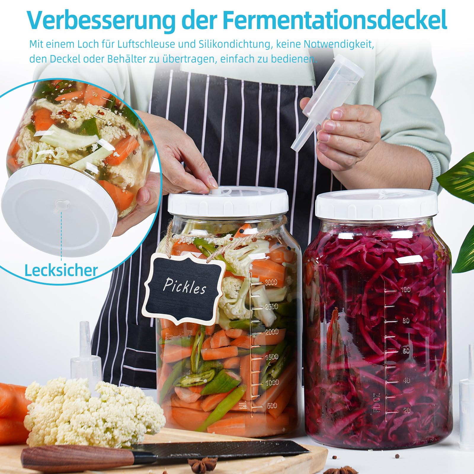 Groß Fermentierglas 4 Liter mit Luftschleuse - Breiter Mund Fermentier Set für Kimchi Sauerkraut Kefir
