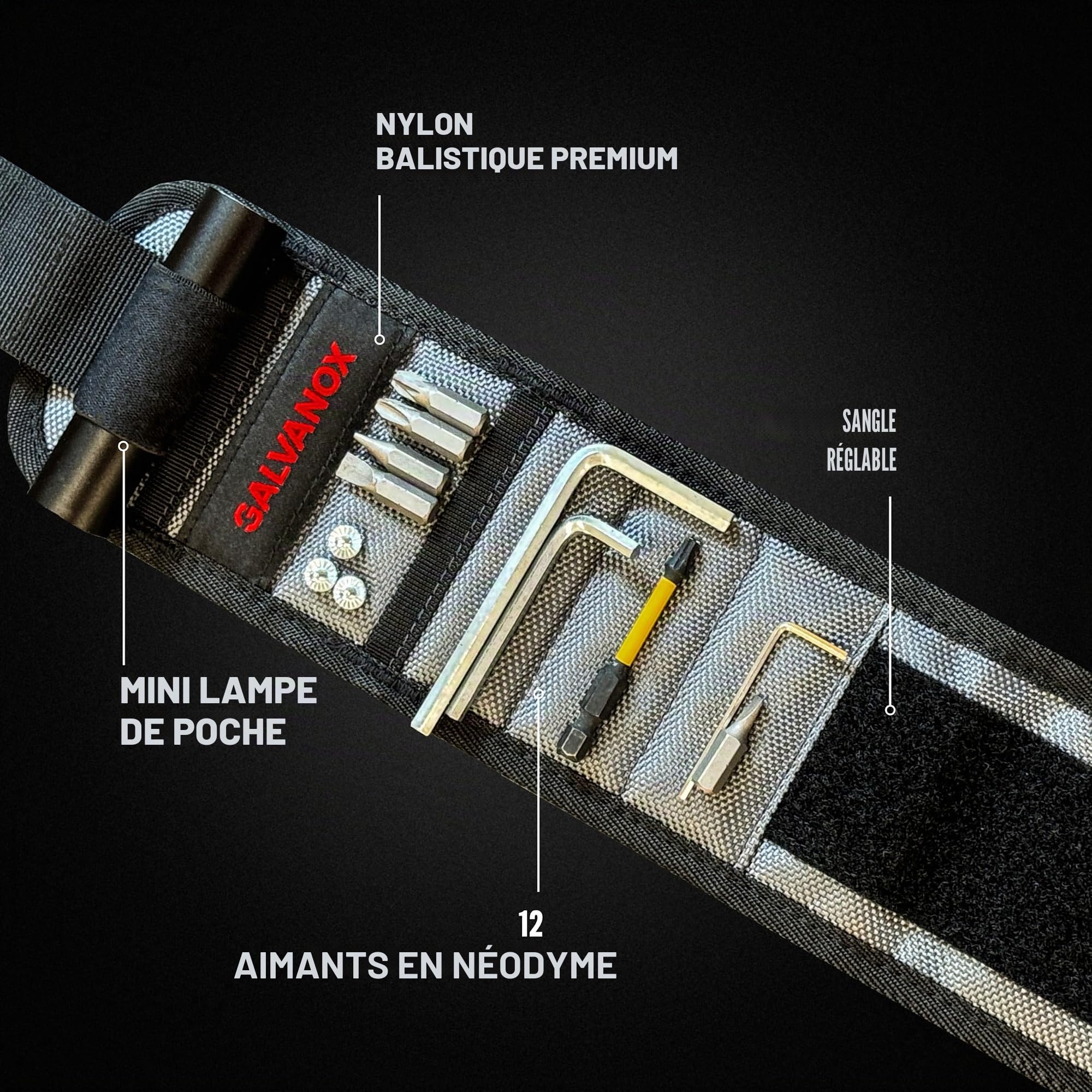 Galvanox - Bracelet magnétique avec lampe de poche LED - Bracelet de poignet en nylon pour outils, vis et clous avec lampe de travail réglable - Excellent cadeau pour homme, père, bricoleur (Noir)
