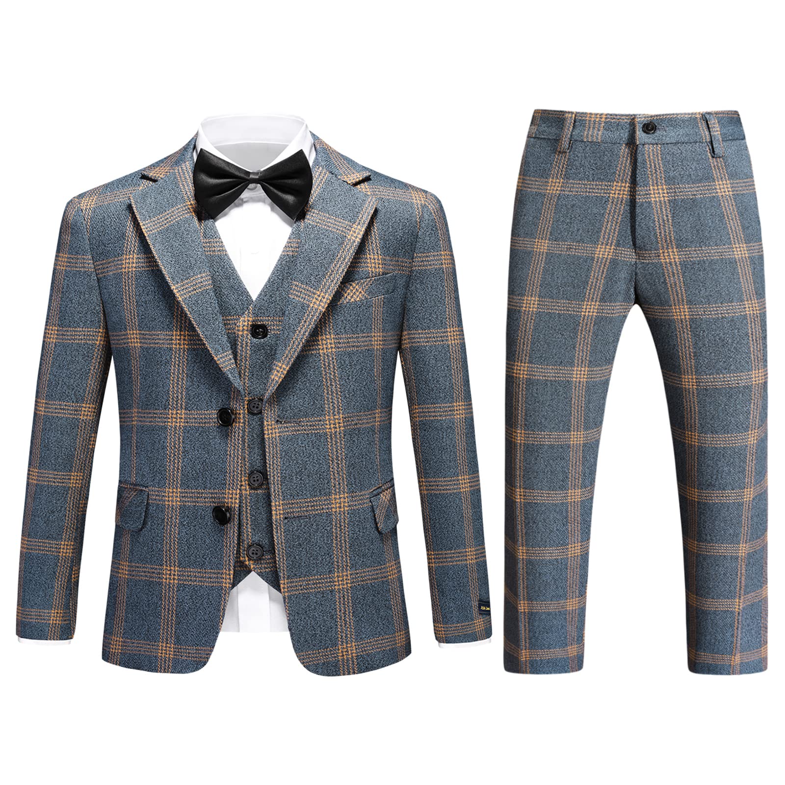 Boys Slim Fit Suit Tuxedo for Boy Check Plaid 3 Piece Suit Set for Kid Formal Boys Dress Clothes Wedding Ring Bearer Outfit