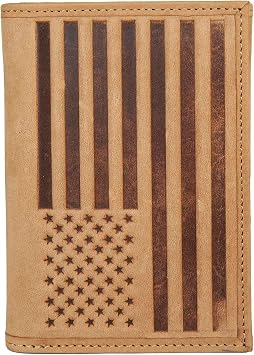 Lucky Brand American Flag Embossed Leather Trifold Wallet for Men with RFID Blocking, Tan