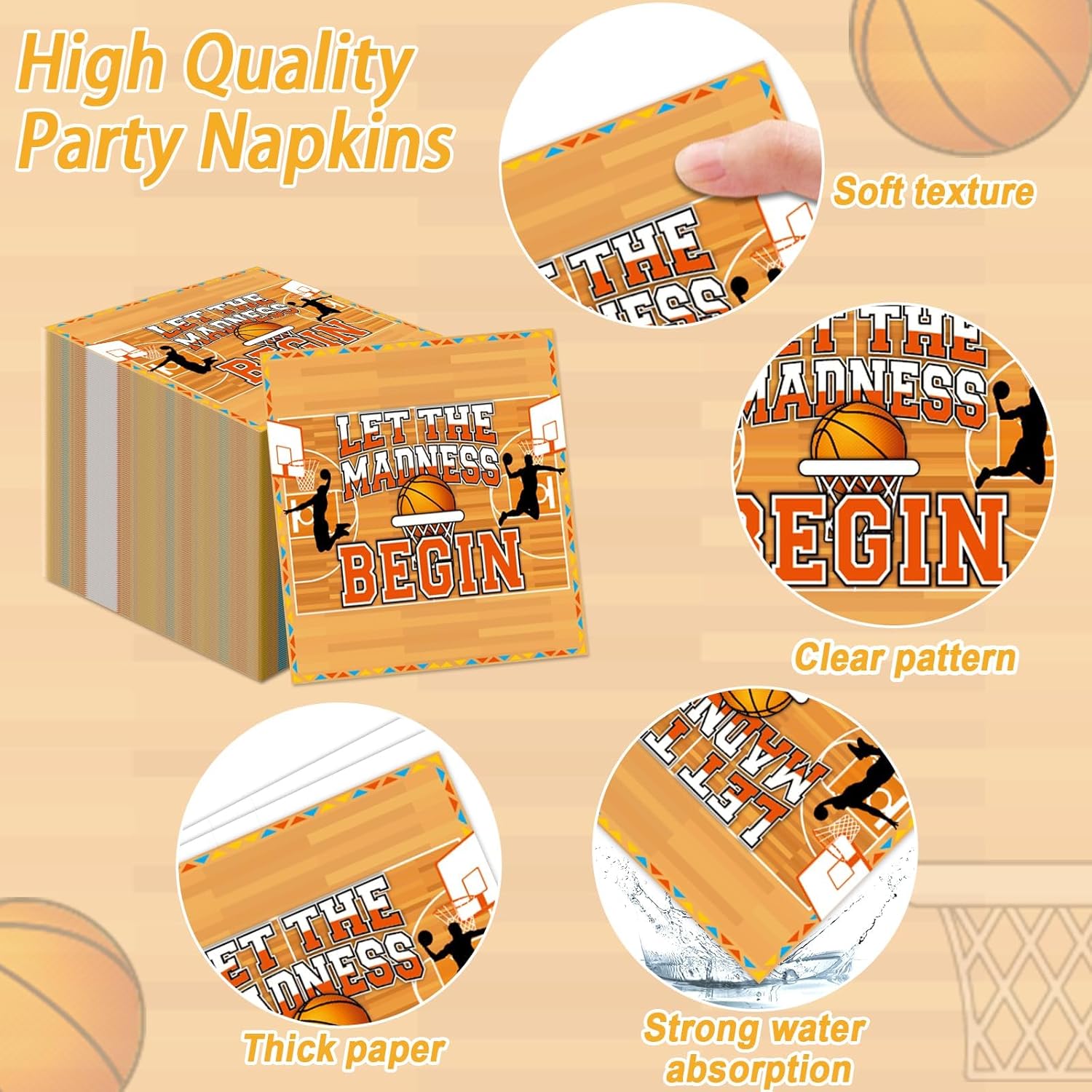 96Pcs Basketball Plates and Napkins Let the Madness Begin Party Supplies Basketball Paper Plates March of Madness Dinner Dessert Tableware Set for Birthday Party Dinnerware Party Decorations Serve 24 - Image 4