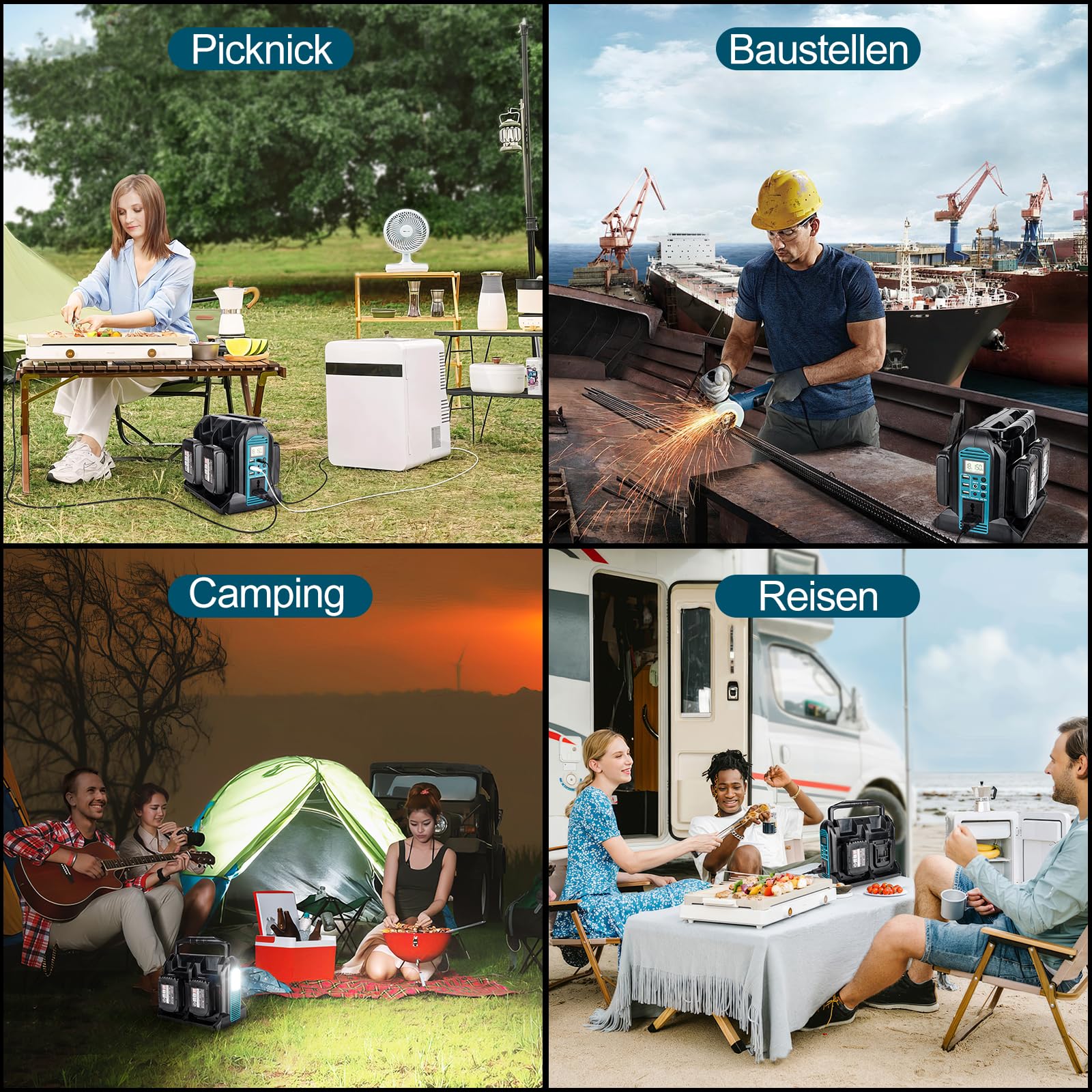 350w Wechselrichter für Makita 18v Akku, DC 18V auf AC 230V Reiner Sinus Spannungswandler, 4 Ports Stromwandler mit USB-A & USB-C Anschluss, 300LM LED Licht für Camping Notfall
