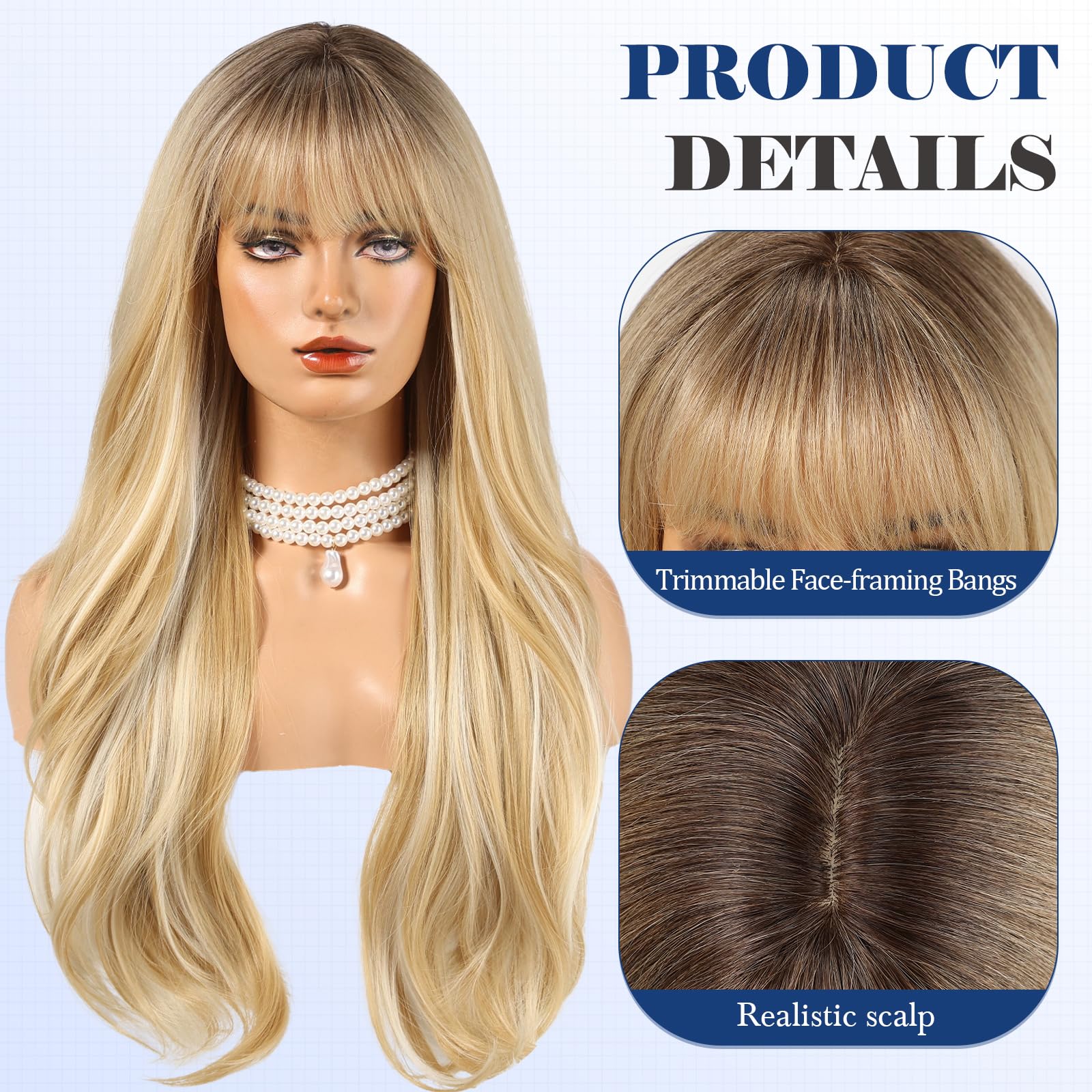 HAIRCUBE Long Auburn Wig with Bangs Layered Curly Orange Wigs for Women Natural Synthetic Wigs for Daily Use (pelucas de cabello natural): Blonde