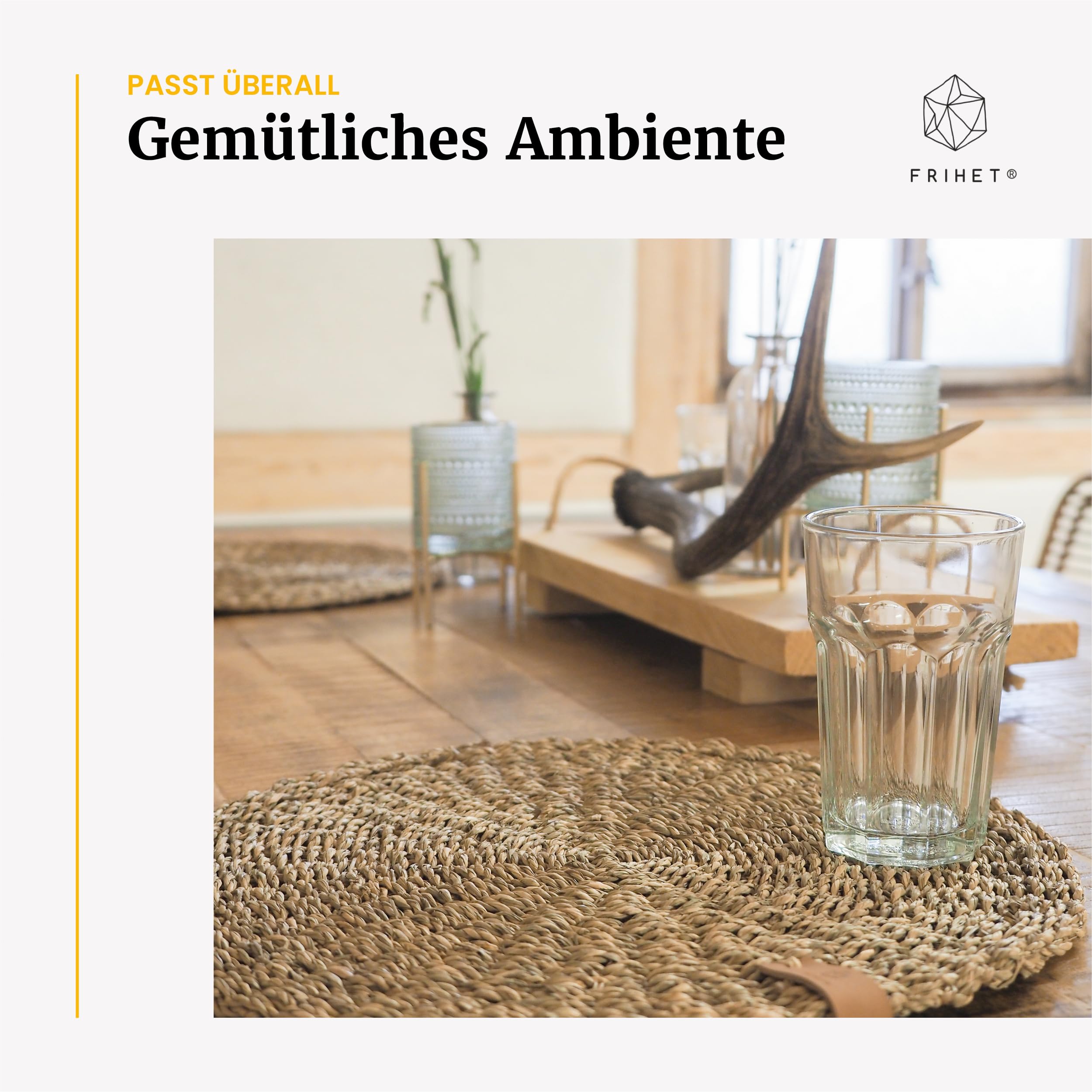 FRIHET Tischset rund - Seegras geflochten (4er Set) Platzset Ø 33 cm, Natur Tischdeko, Tischsets Platzsets abwischbar, Platzdeckchen Esstisch, Hygge Skandi Boho
