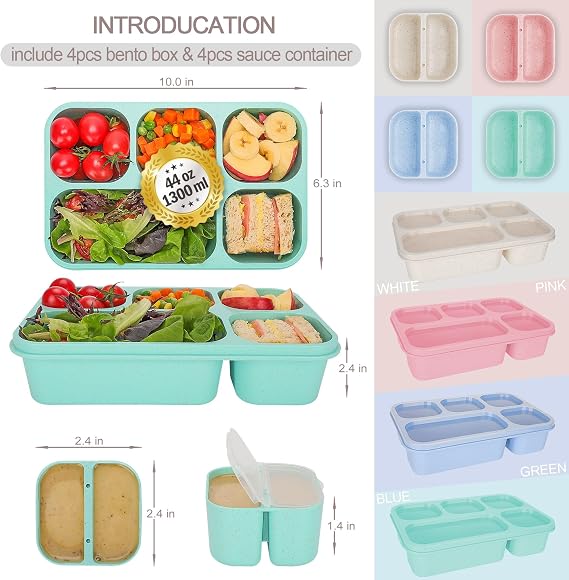 TOUWMX Bento Box Adult, 4 Pack 5 Compartments Meal Prep Container Reusable Food Storage Lunchable Containers with Sauce Containers, Snack Boxes For Adults Bento Box For Kids