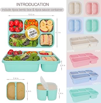 TOUWMX Bento Box Adult, 4 Pack 5 Compartments Meal Prep Container Reusable Food Storage Lunchable Containers with Sauce Containers, Snack Boxes For Adults Bento Box For Kids