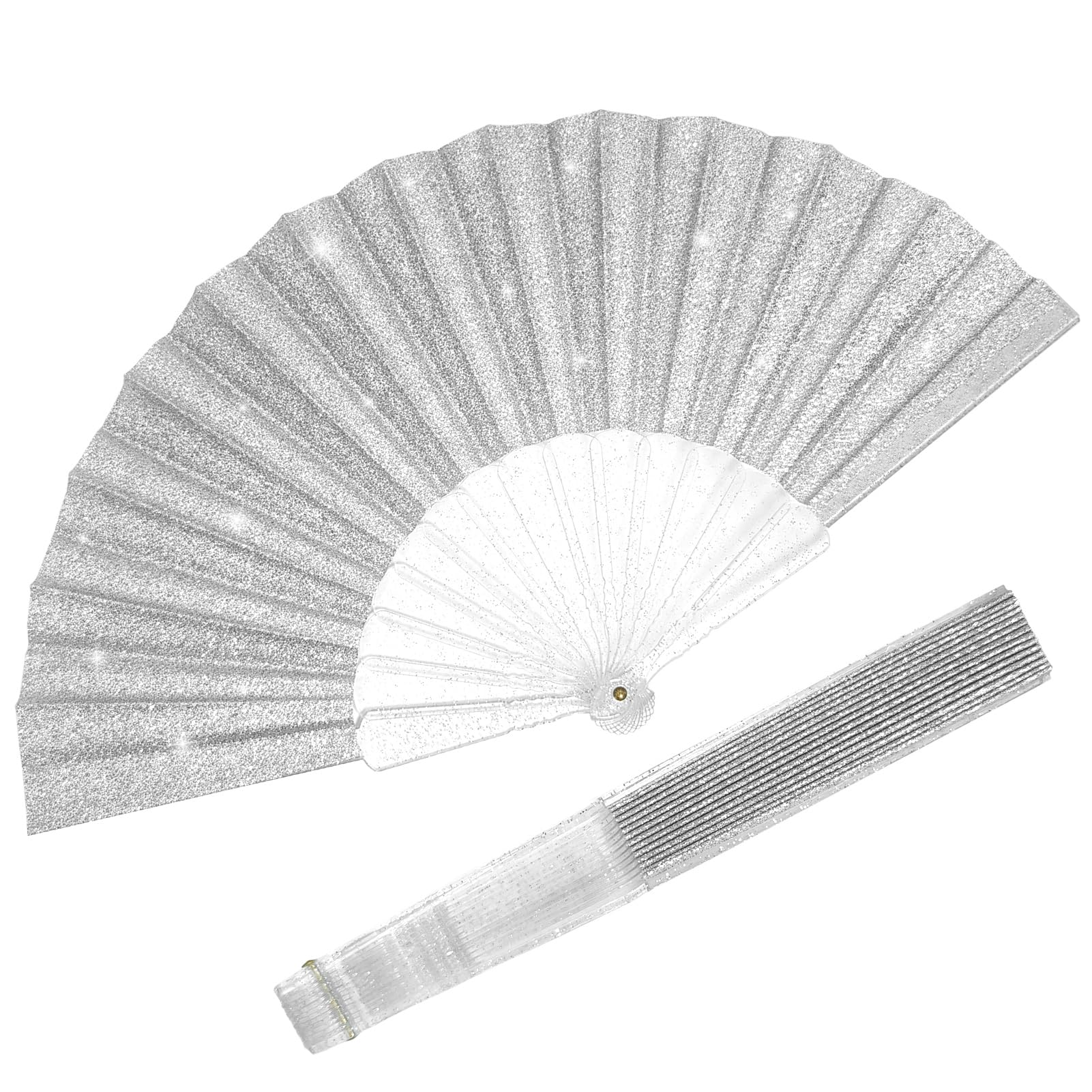 Glitter Folding Hand Fans for Women Foldable Handheld Clack Fans for line Dancing, Wedding, Church, Festival, EDM, Party, Club, Rave Accessories (9" Silver 01)
