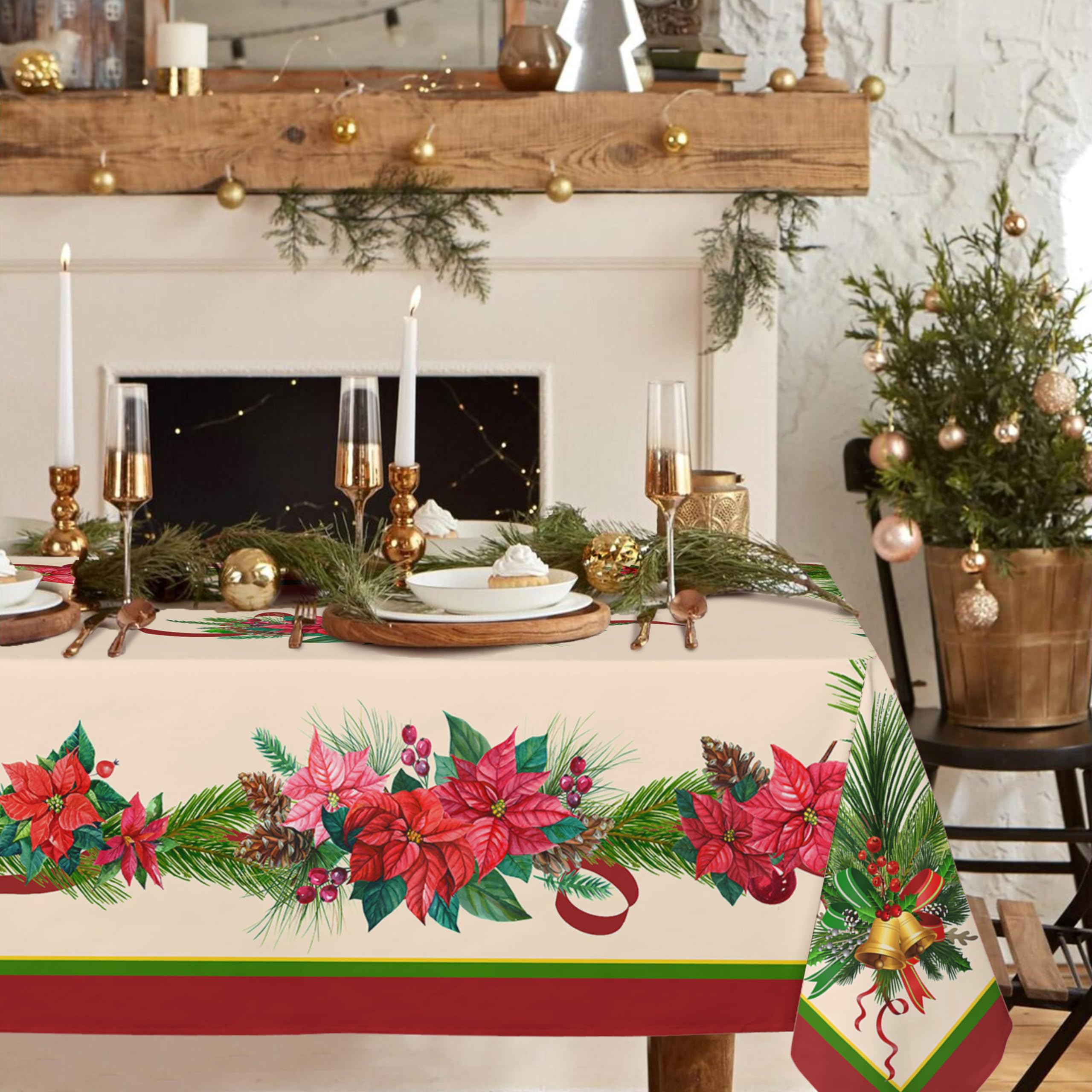 Yighty Rectangle Christmas Tablecloth, Poinsettia Holly Pine Cone - Polyester Waterproof Wrinkle Resistant Durable Tablecloth For Holidays, Kitchen, Winter And Home Decor - 60x84In