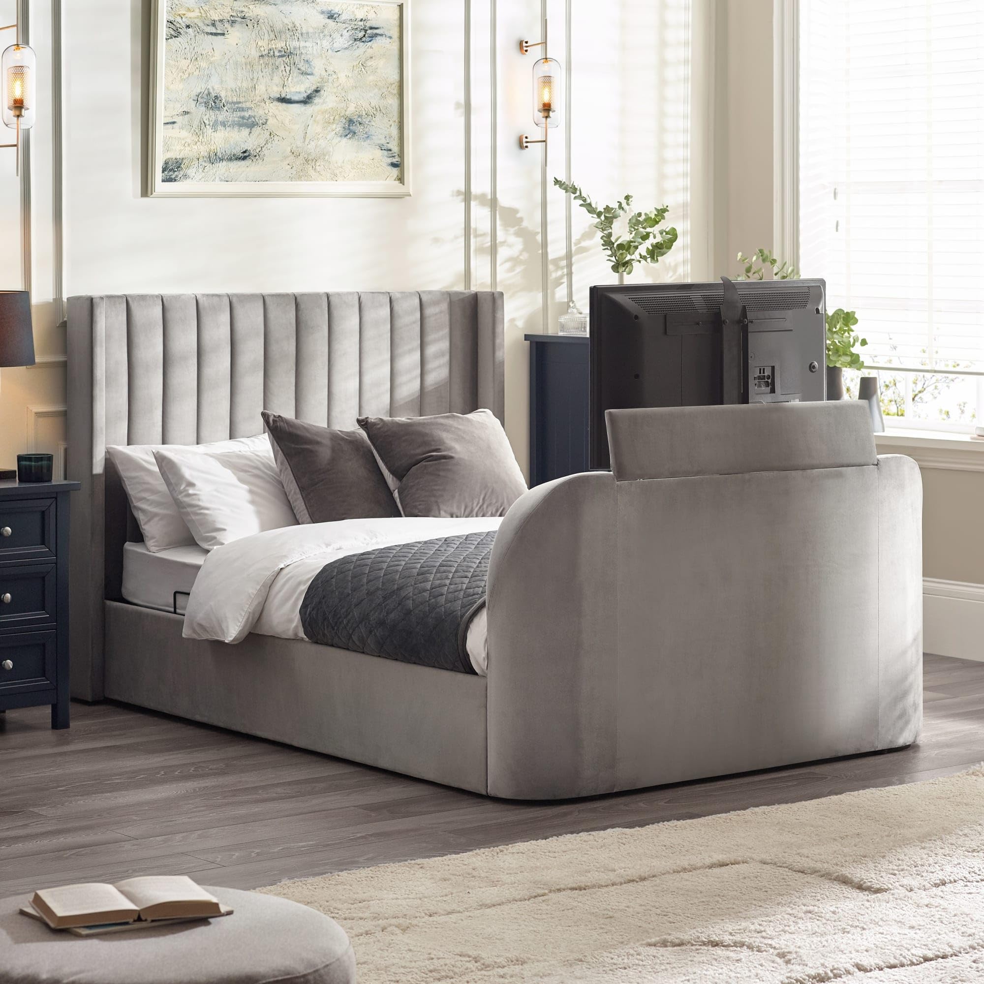 Julian Bowen Clara Light Grey Fabric Ottoman TV Bed Frame - 6ft Super King Size
