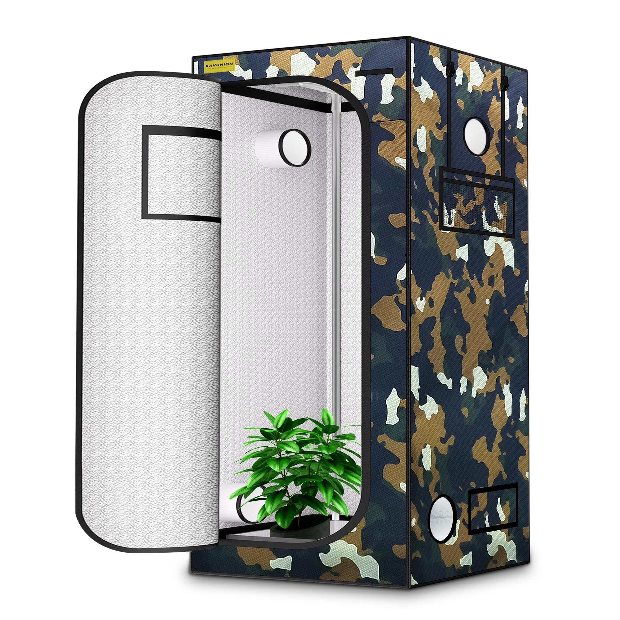 Tienda de campaña de crecimiento de 100 x 100 x 200 cm, camuflaje 600D Oxford Grow Tent con capa reflectante de poliéster, tubos de acero de 19 mm, ventanas de ventilación, suelo extraíble, tienda de