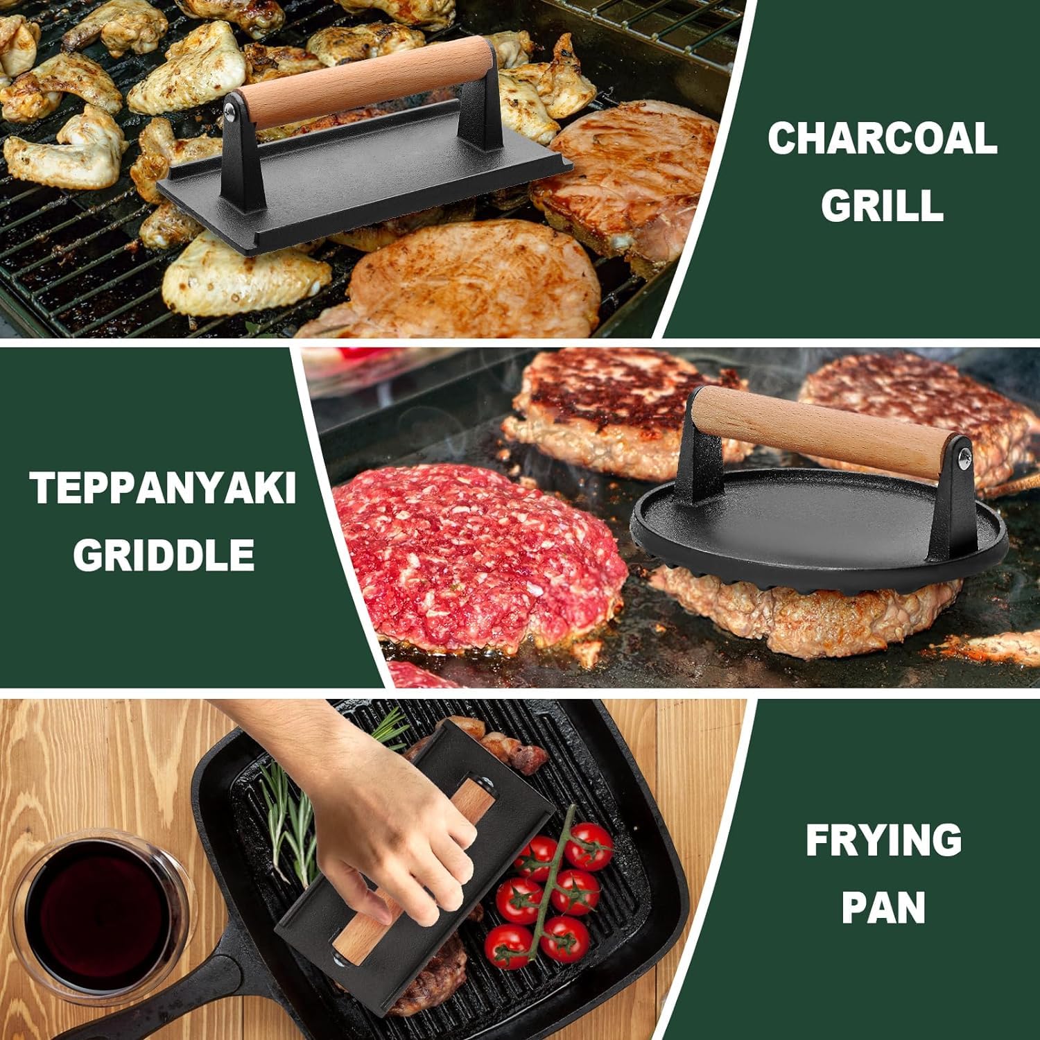 MEETOZ Burgerpresse, 17,8 cm rund und 21,3 x 10,9 cm, rechteckig, robuste Gusseisen-Grillpresse mit Holzgriff, perfekt für Grillplatten, Sandwich, Antihaft-Pfanne, 2 Stück