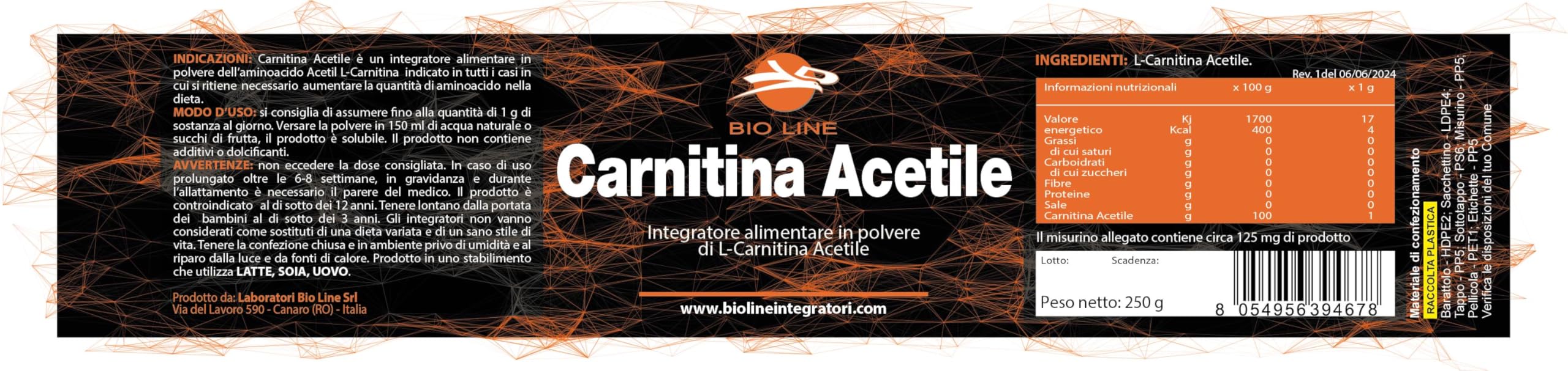 Laboratori Bio Line - Acetyl L Carnitina in Polvere (250 gr) Acetil L Carnitina Sostanza Pura Senza Eccipienti, Assumere 1 Grammo al Giorno, Scorta 250 Giorni