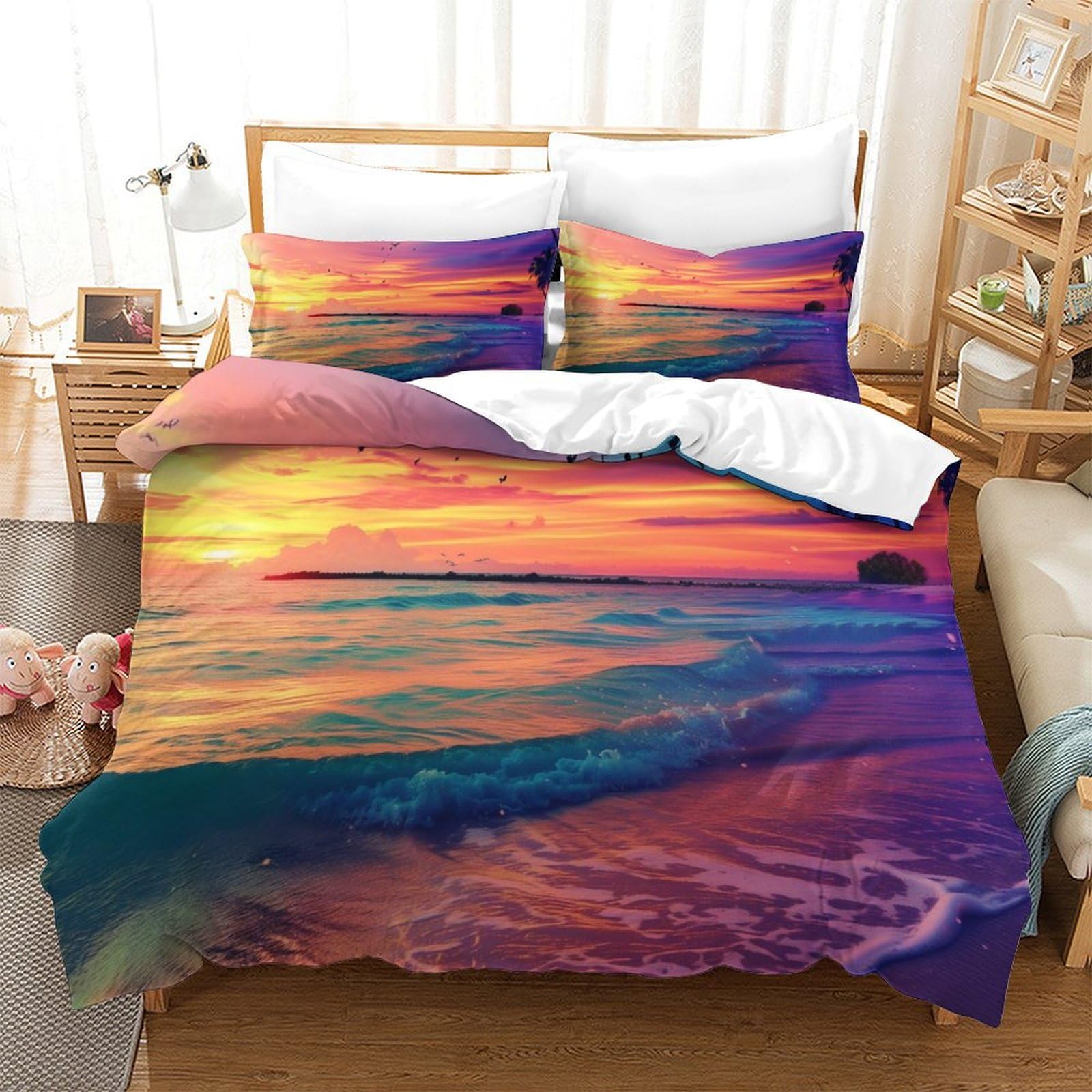 Ensemble Literie Microfibre Super Douce Motif Plage 3D Housse de Couette 260x220cm