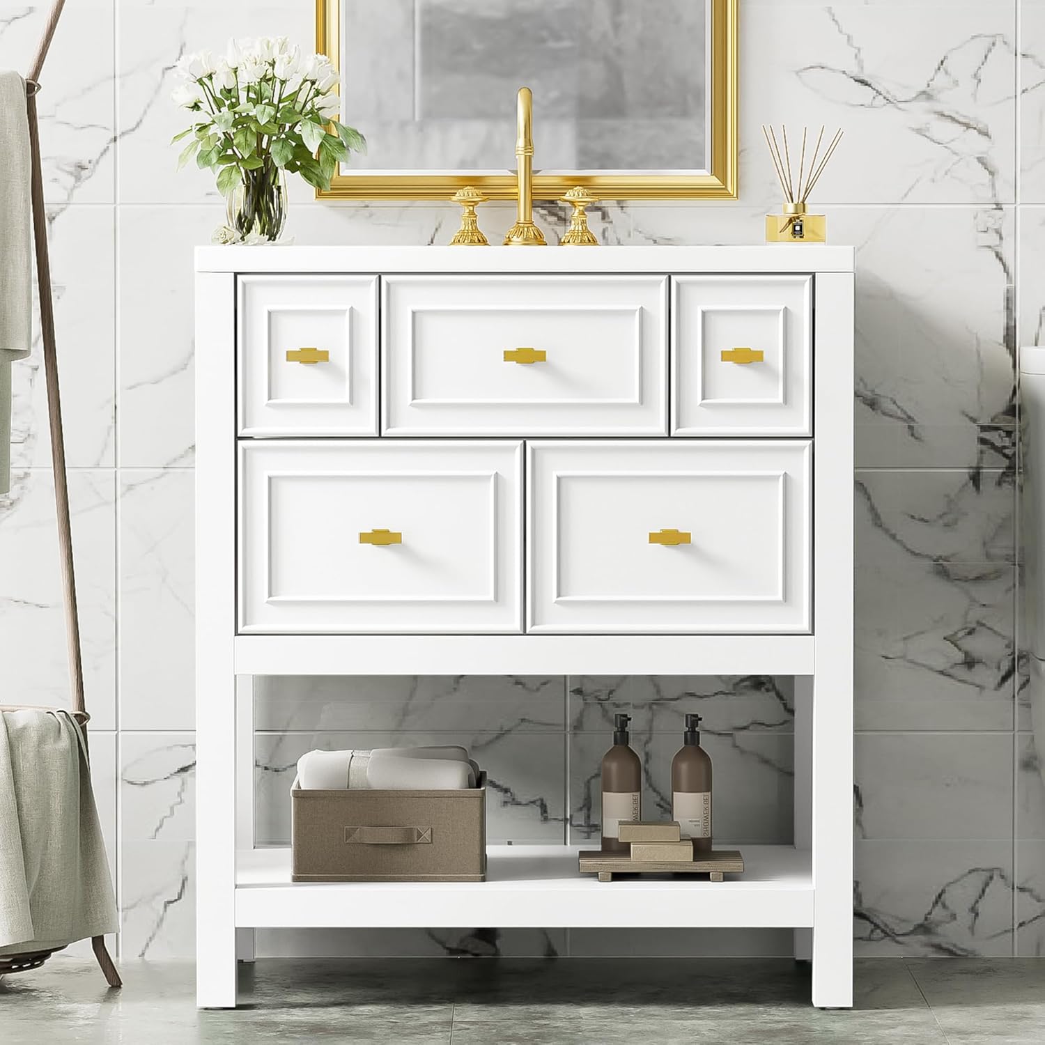 Merax 30" Bathroom Vanity with Sink Top, Freestanding Single Sink Bathroom Vanity Storage Cabinet with 5 Drawers & Open Shelf, Tip-Out Drawer, Drawer Divider, Solid Wood Frame