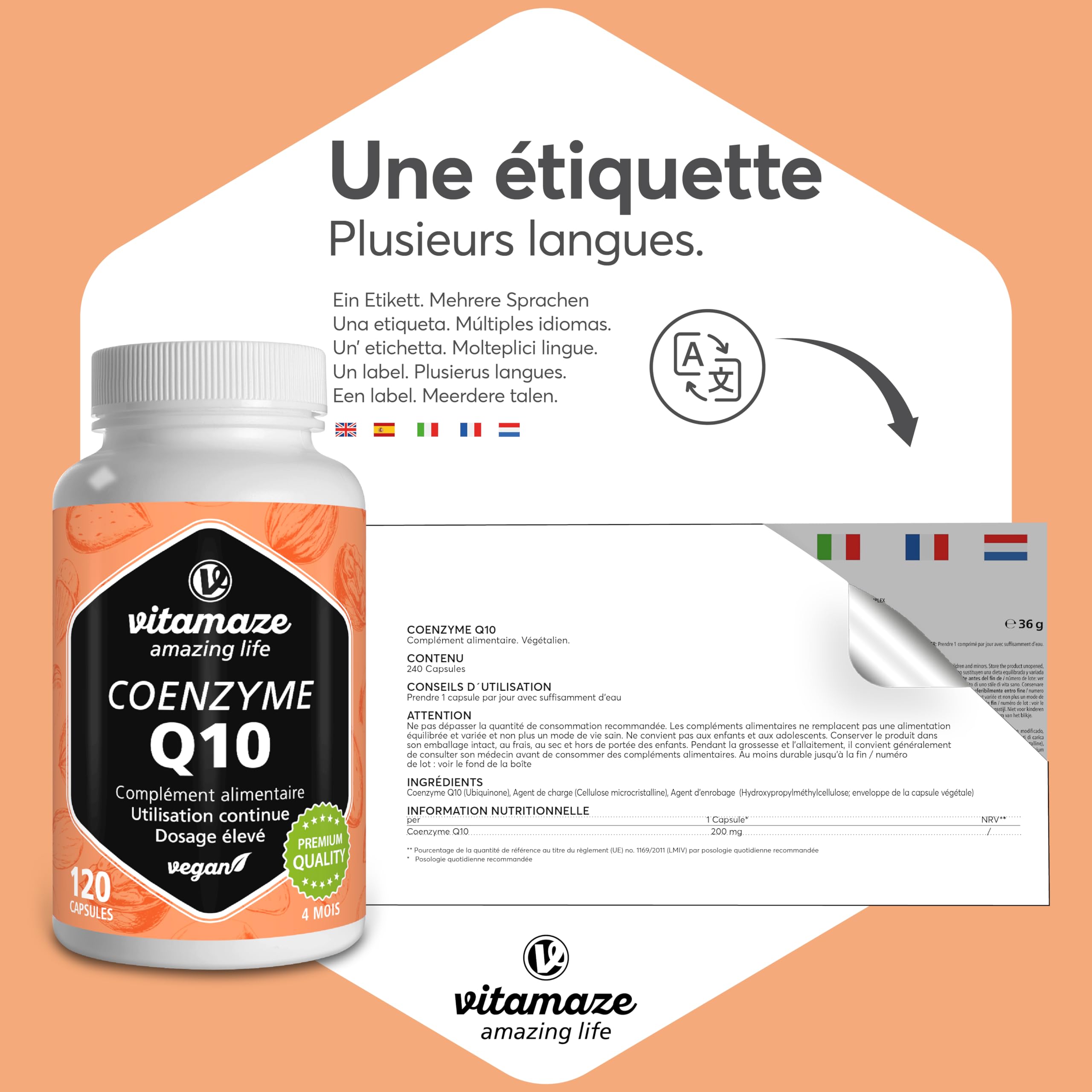 Coenzyme Q10 200 mg - 120 Gélules Pendant 4 Mois - Capsule Vegan avec 98% Ubiquinone - Natural Antioxydant et Énergie - Biodisponibilité Optimale, Qualité Allemande - Vitamaze®