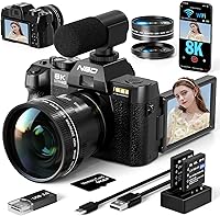 NBDDIGITAL 8K 64MP Digital Camera: 16X Zoom Autofocus, WiFi, 180° Flip Screen, Wide-Angle Macro Lens - Vlogging Travel Cam w/64GB Card