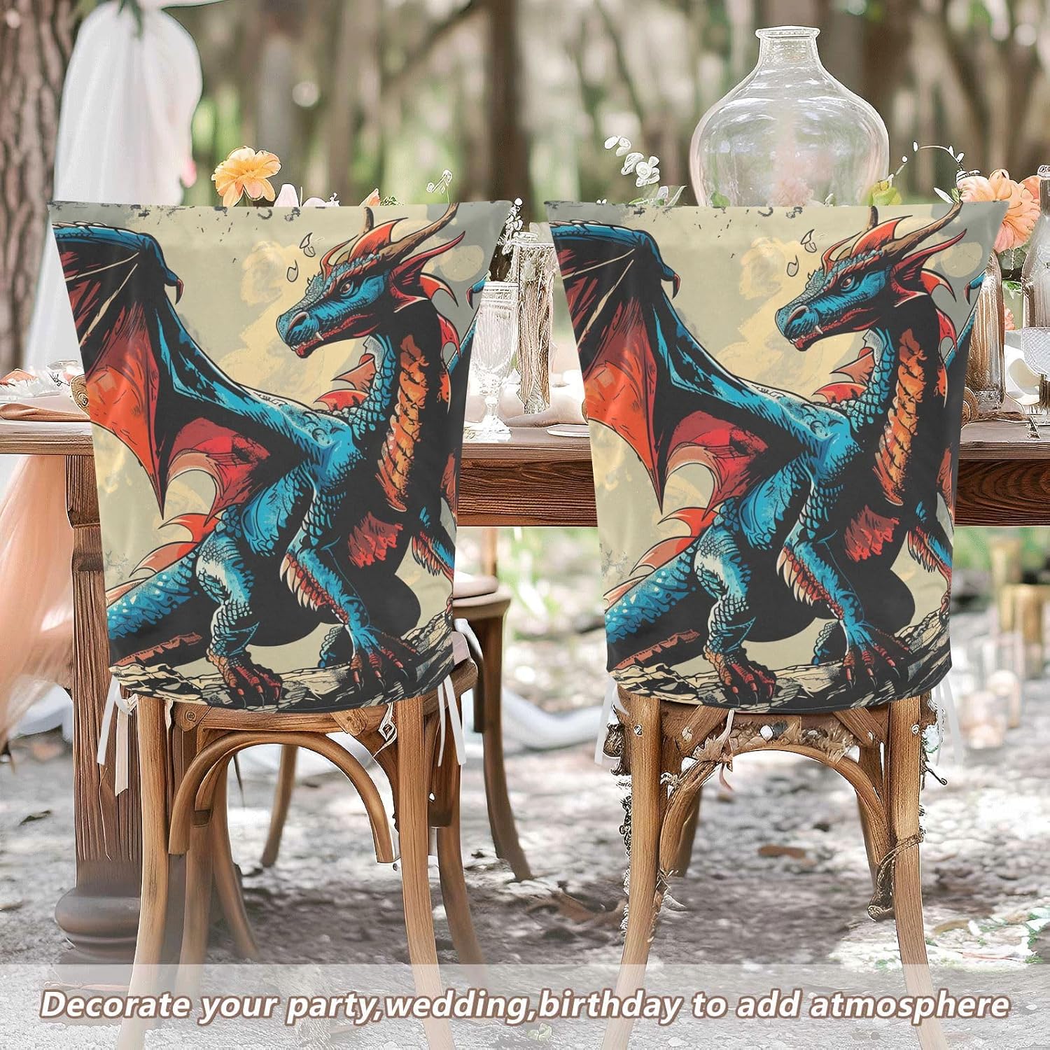 ALAZA Retro Blue Red Dragon Chair Back Cover Set of 6, Washable Reusable Removable Chair Slipcovers Decorative Chair Cover for Home Kitchen Wedding Party