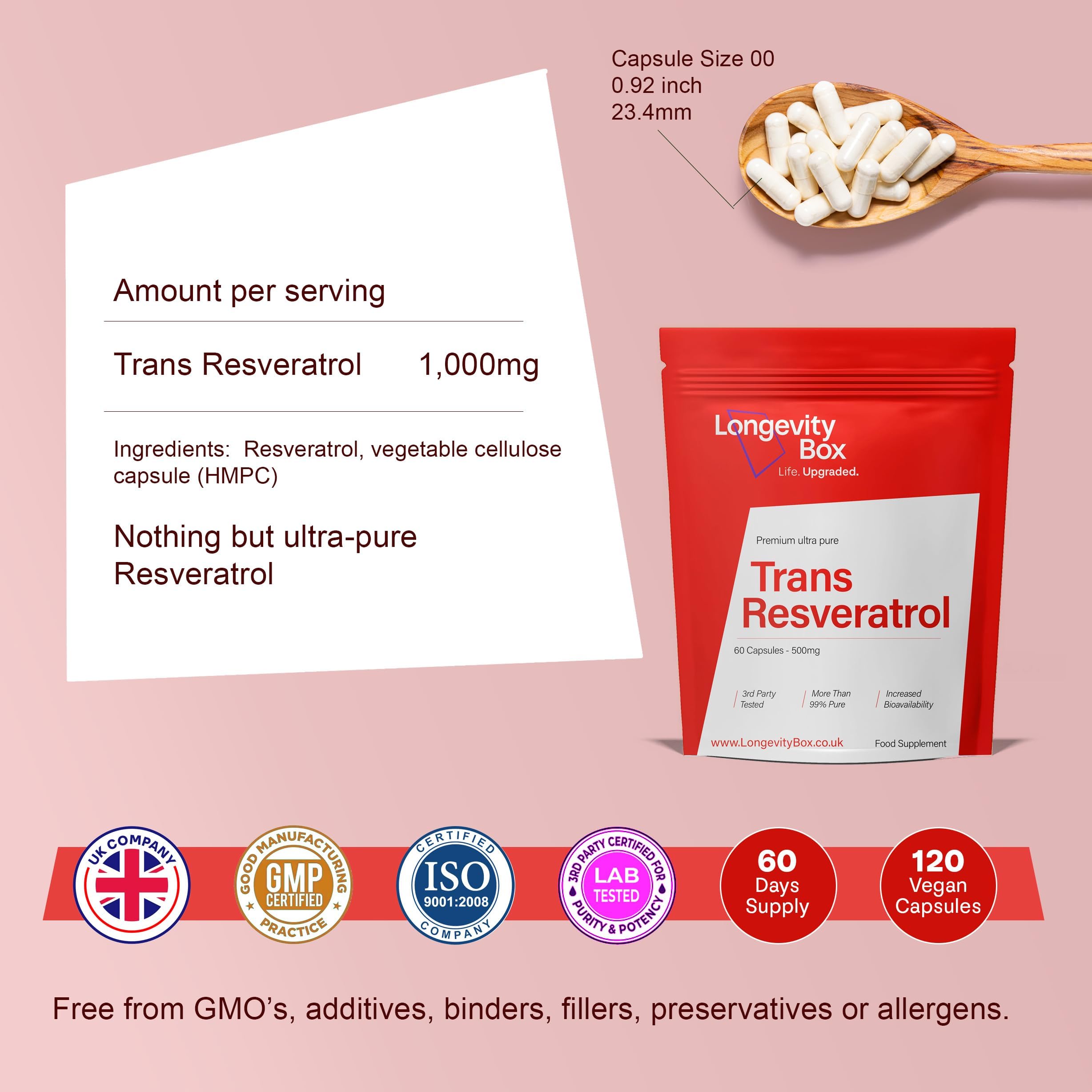Trans-Resvératrol 1000mg – 60 gélules – 99% pur, végan, sans OGM – testé tiers