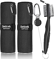 Seticek 2-Pack 16x16 Microfiber Waffle Golf Towels with Retractable Club Brush & Groove Cleaner - Essential Golf Bag Cleaning Kit for Men (Black)