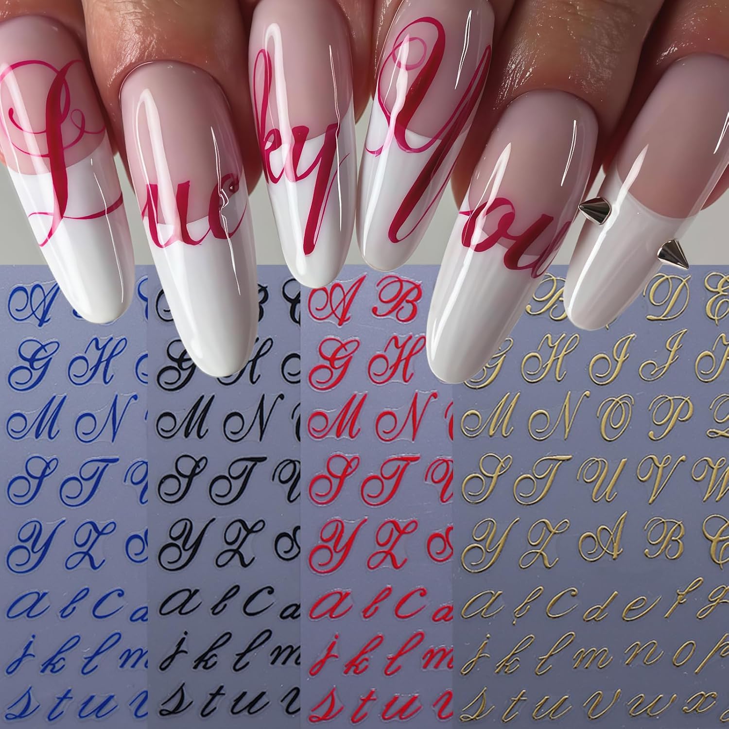 8 Sheets Letter Nail Art Stickers 3D Self-Adhesive Holographic Old English Letter Nail Decals Black Red Gold Blue Retro Alphabet Design Nail Art Supplies English Pattern Manicures Slider for Women