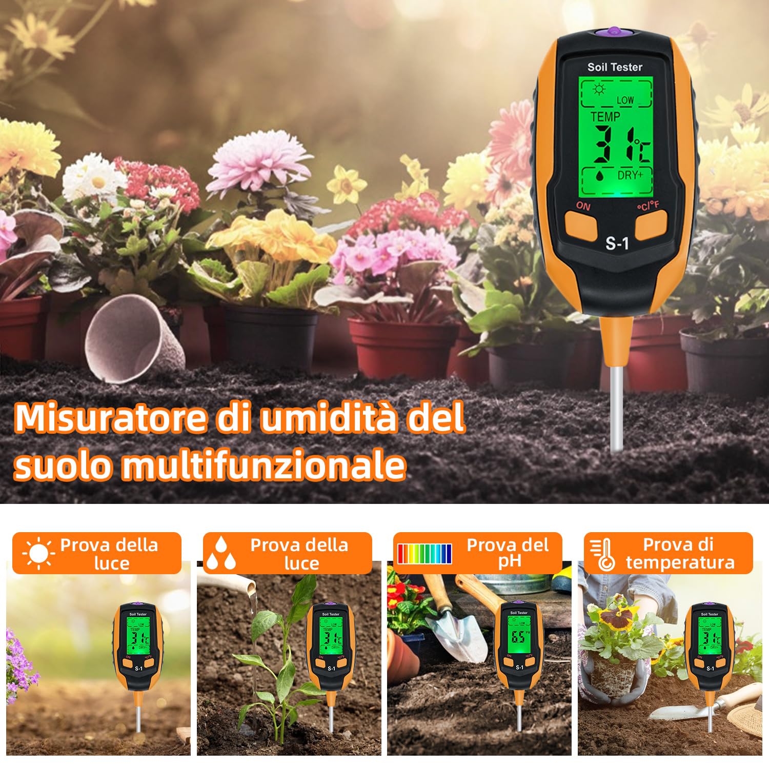 Mcbazel Misuratore del Suolo Digitale 4 in 1 per Piante, Tester per Il Suolo con PH/Temperatura/umidità/Luce per Giardinaggio, Prato, Agricoltura e Piante da Esterno
