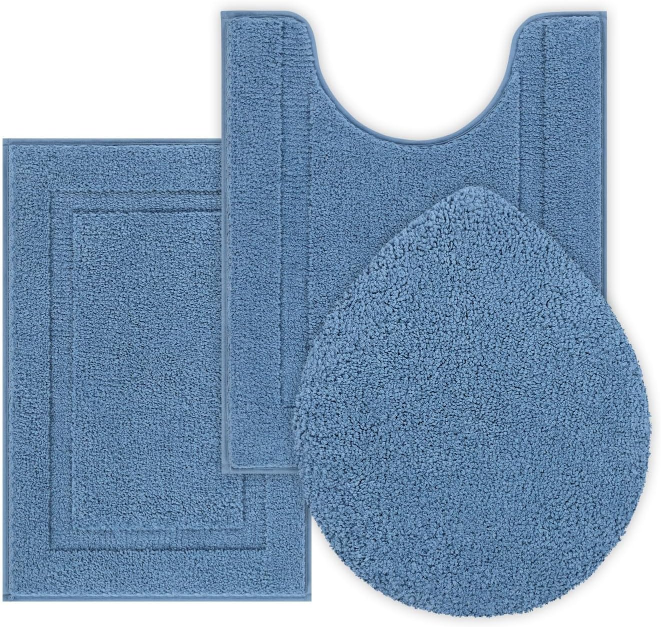 SHACOS Microfiber Small Bathroom Rugs Set of 3 Piece with Toilet Lid Cover, Non Slip Super Soft Absorbent 16"x24" Bath Mat U Shape Contour Mat Bathroom Carpet Machine Washable(Blue)