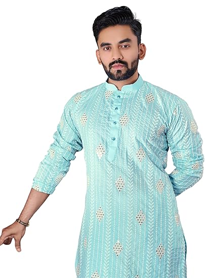 Sequin Embroidered Pure Cotton Kurta for Men | Knee Length | Festival | Ethnic Wear | Mirror Kurta |
