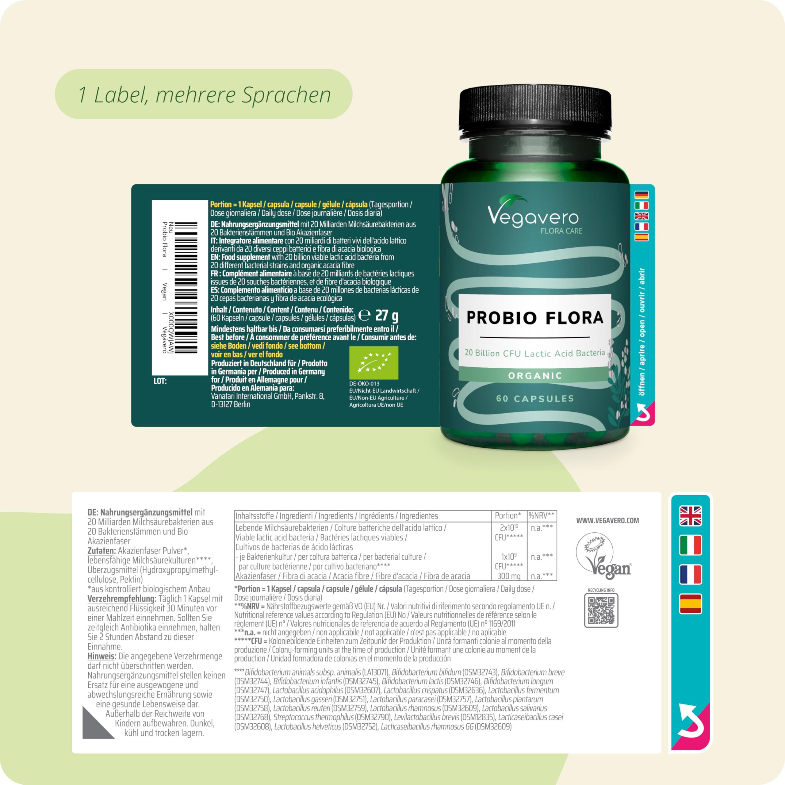 Vegavero Kulturen Komplex | 100% Bio | 20 Bakterienstämme mit Akazienfasern | Lactobacillus & Bifidobacterium | 60 Magensaftresistente Kapseln | Laborgeprüft | Vegan