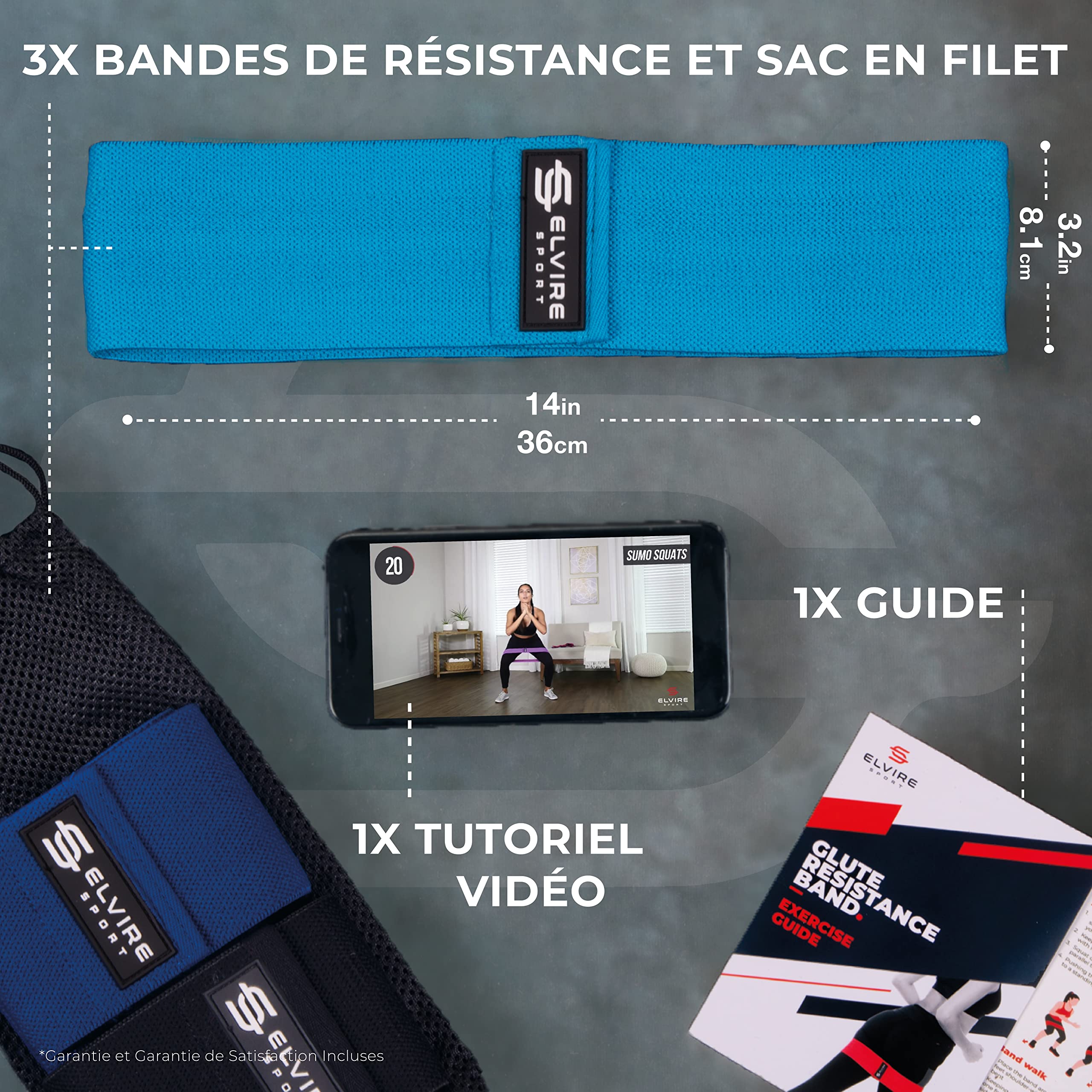 ELVIRE SPORT Bande Élastique Musculation Femme et Homme, Lot de 3, Résistance Fitness en Tissu Yoga Pilates Crossfit