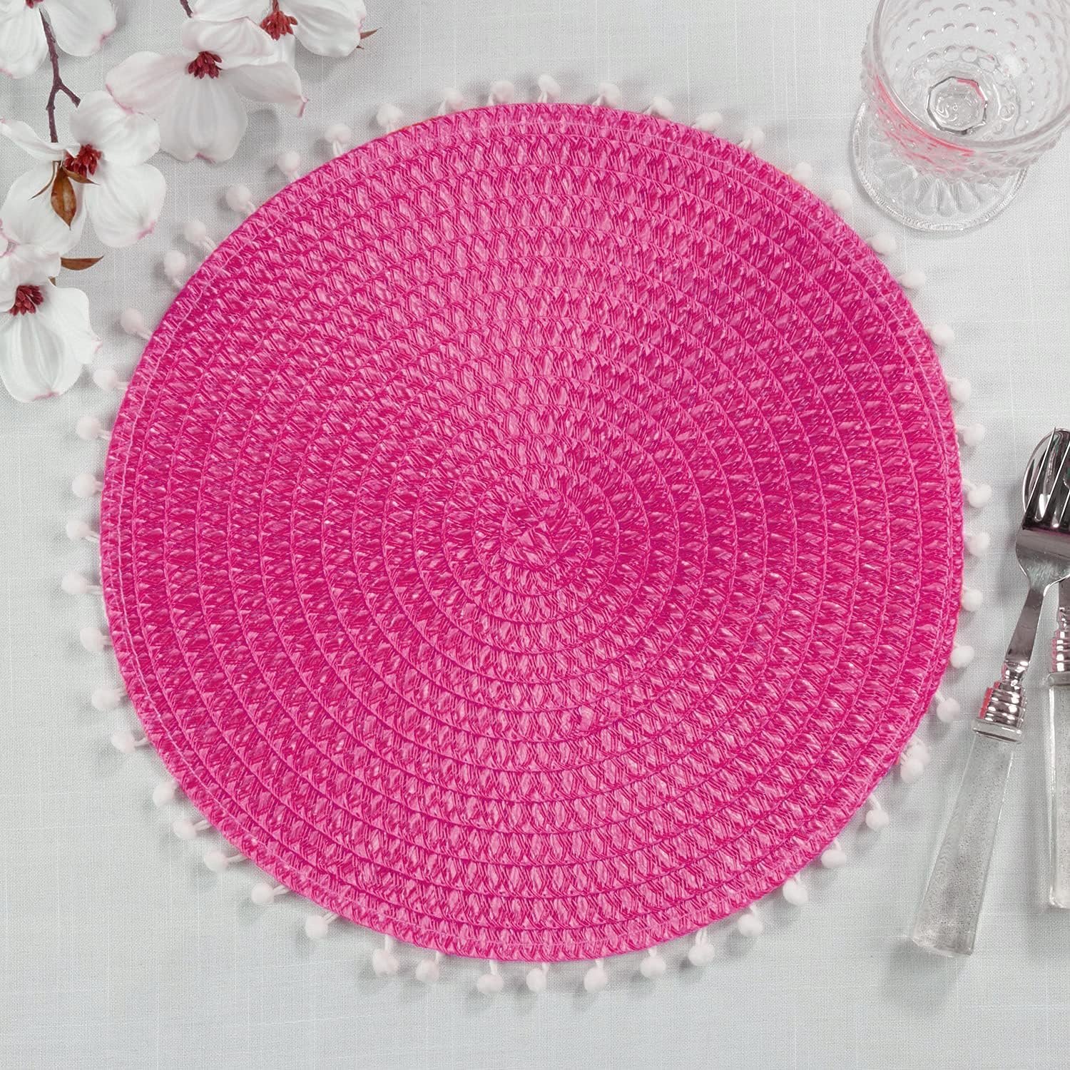 Fennco Styles Pom Pom Textured Placemats 15 Inches Round, Set of 4 – Pink Modern Traycloth Table Mats for Home, Dining Room Décor, Banquets, Indoor & Outdoor and Special Events