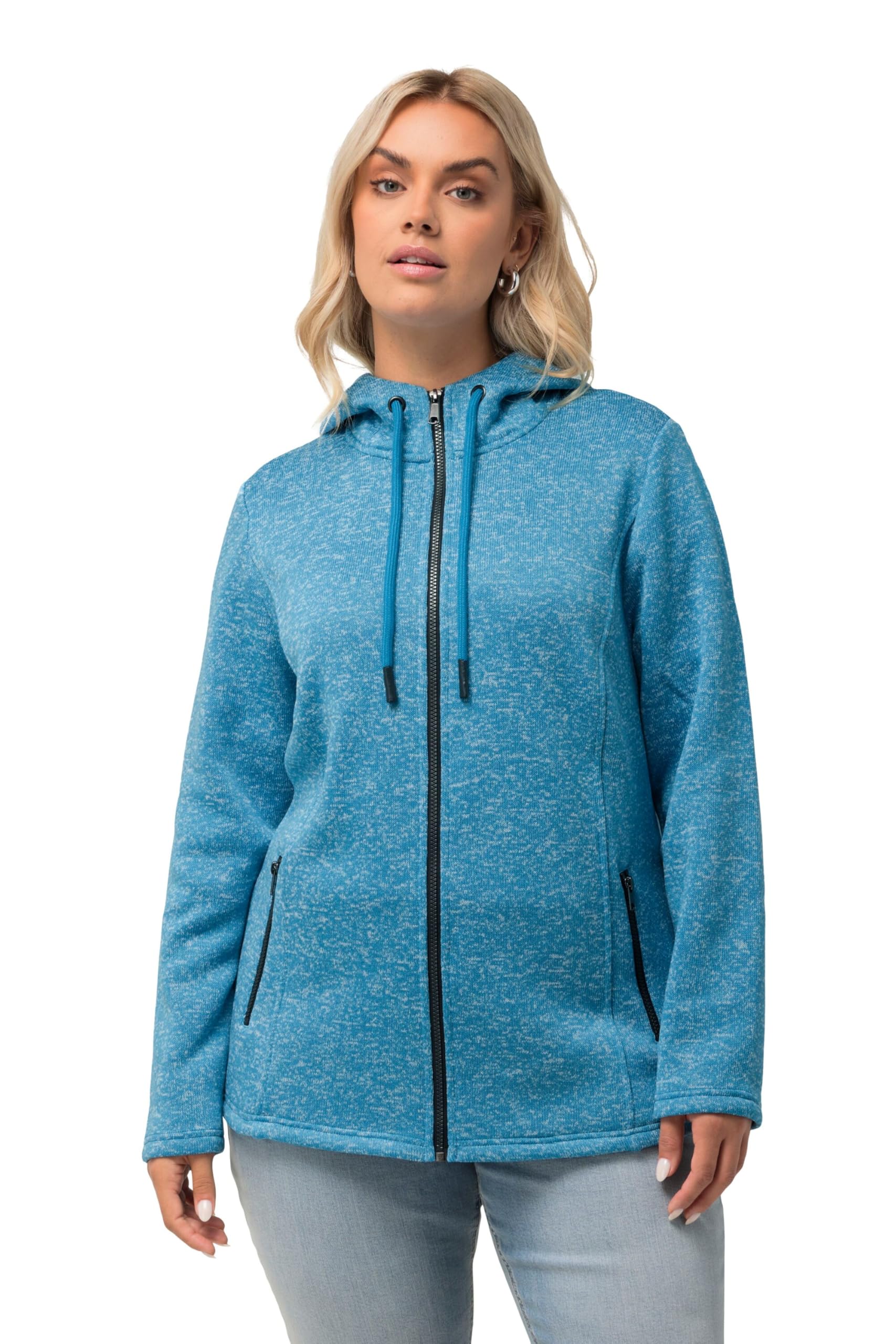 Ulla Popken Damen große Größen Übergrößen Plus Size Strickfleece-Jacke, Kapuze, Reißverschlusstaschen 814634