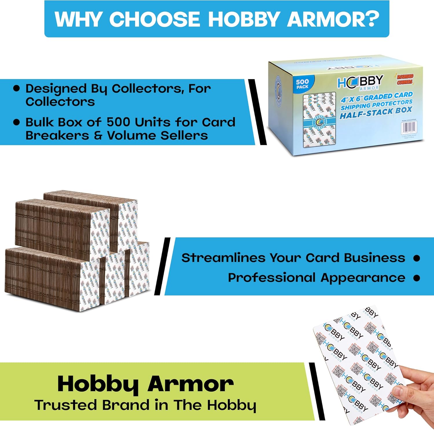 500 Pack Graded Trading Card Shipping Protector by Hobby Armor, 4" x 6" with Rounded Corners, Vibrant Multi-Color Card Protector to Guard Cards from Dings, Premium Cardboard Slab Shipping Supplies