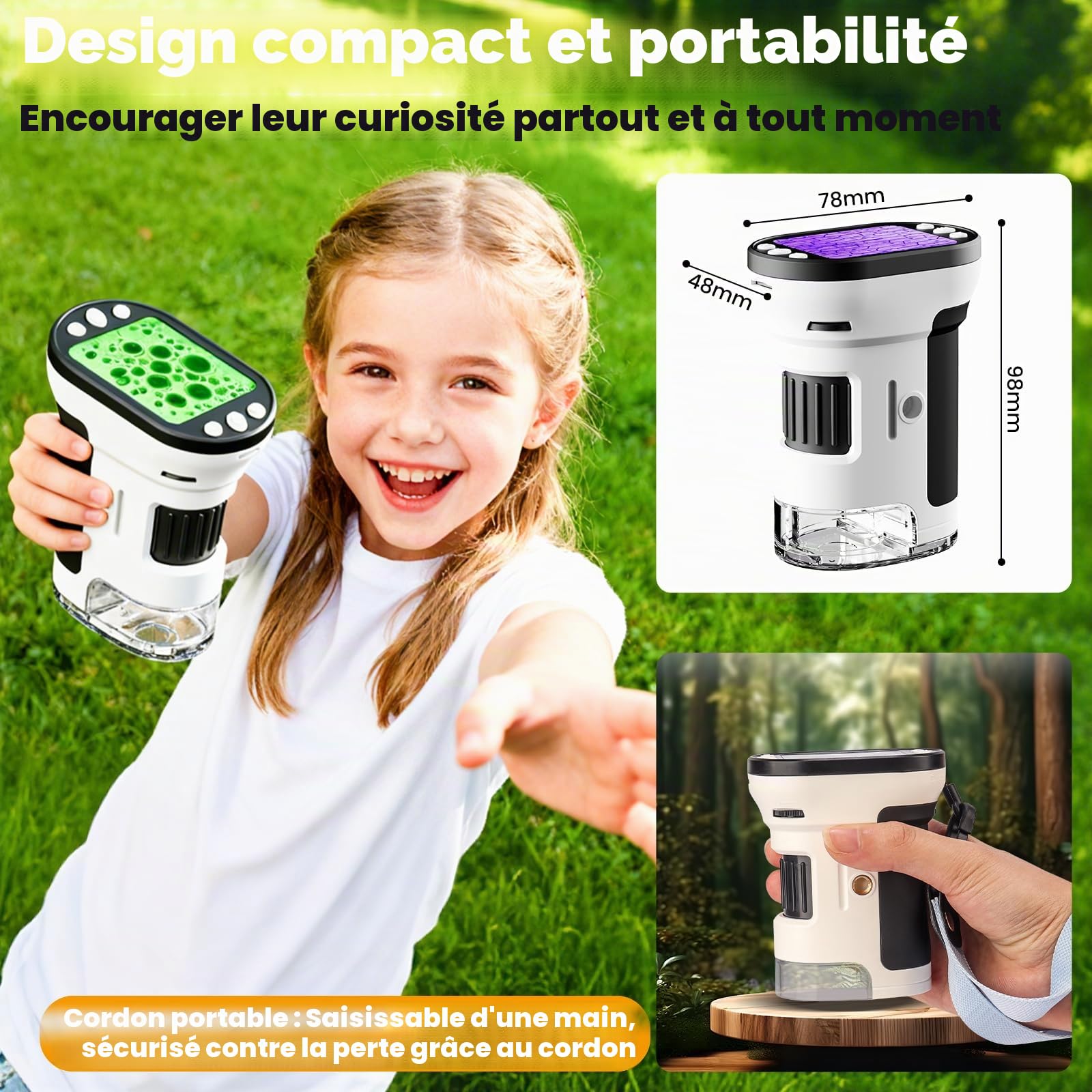 FIVAVA Microscope numérique portable 1000X pour enfants, avec écran IPS de 2,0", loupe pour enfants, rechargeable par USB, kit de diapositives, carte mémoire 32G et support, jouet de jardin pour