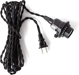 Rustic State 15 Feet Long Cloth Covered Twisted Rayon Electric Lamp Cord with Plug and Light Socket On/Off Switch, Ready to Use Black