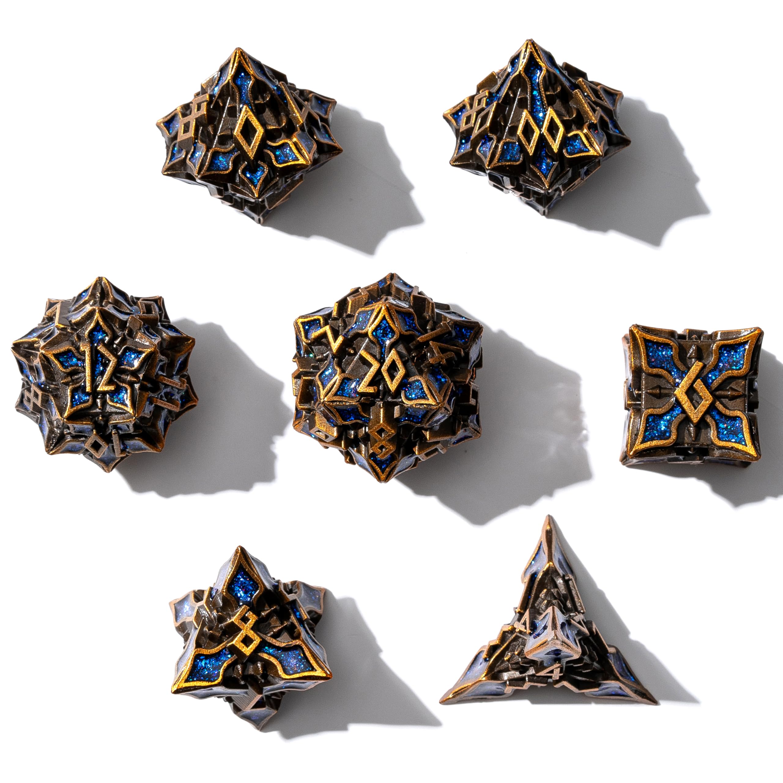 Dadi in metallo per DND, serie Spire Sanctum, set di dadi poliedrici per D&D, giochi di ruolo e altro ancora, rotoli bilanciati, bellissimo set da 7 pezzi per dungeons and dragon (oro antico blu