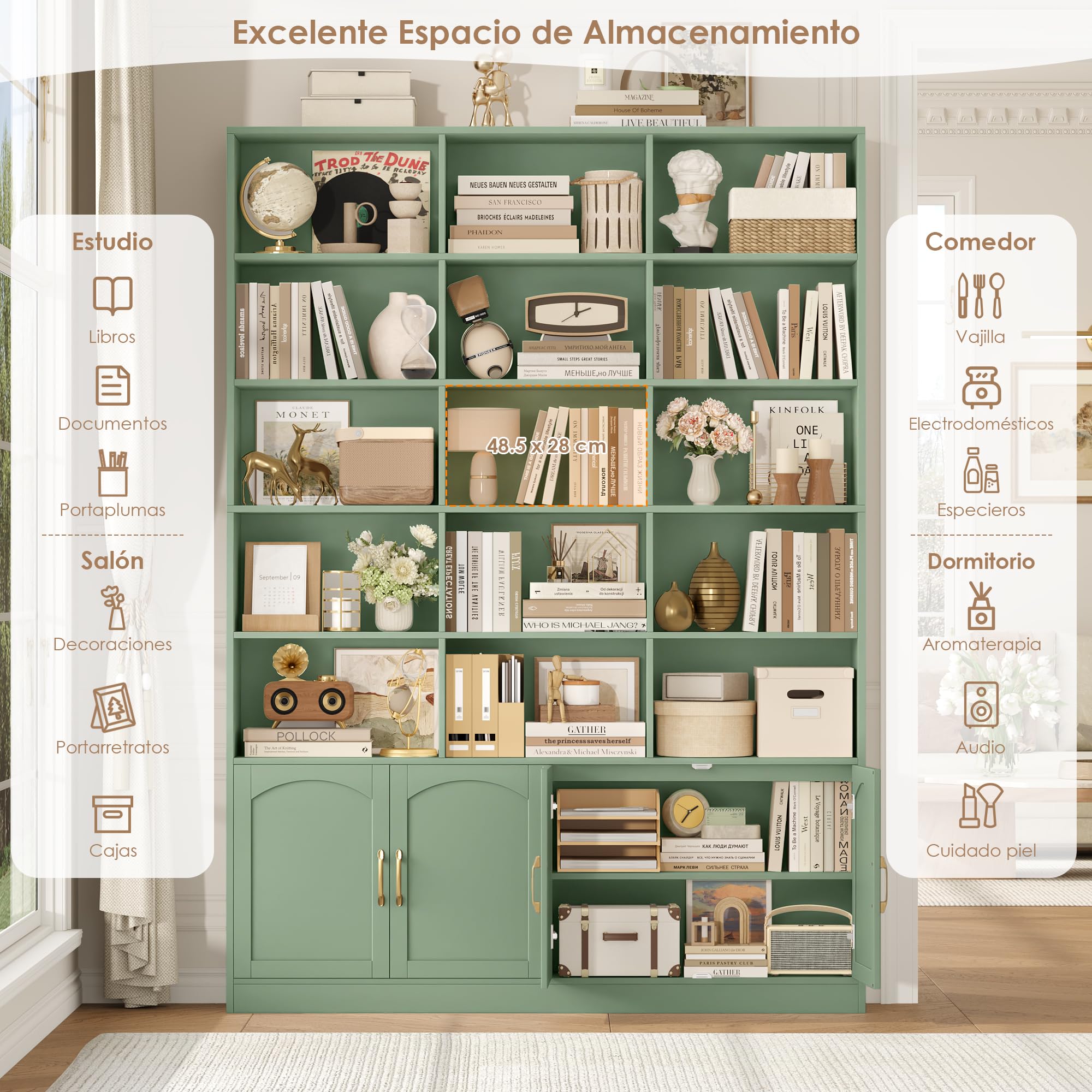 FirFurd Librería con Puertas, Estantería con Puertas, 3 Filas y 5 Niveles | Librería Salón, Vitrina Salón, Estantería Libros, Estanterias Almacenaje Madera, 4 Puertas, Verde, 150x23.7x209cm