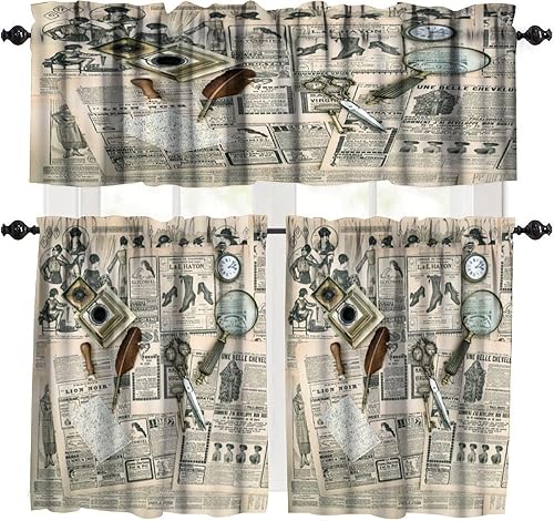 Cortinas de cenefa de periódico vintage para decoración de sala de estar, herramienta retro, lupa de cámara antigua, reloj de bolsillo, tijeras con