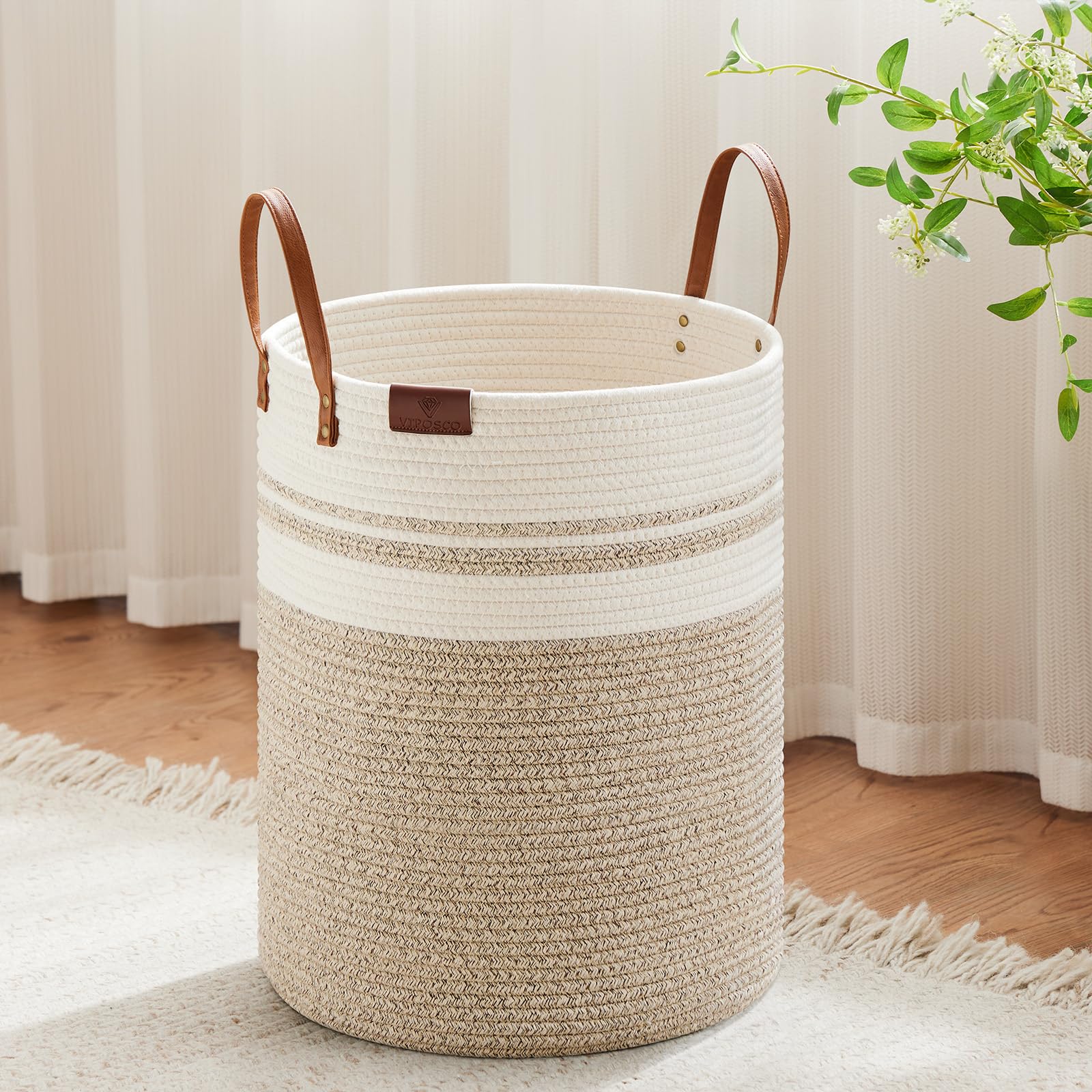 VIPOSCO 53L Tall Woven Rope Laundry Hamper, Leather Handles, Brown &amp; White