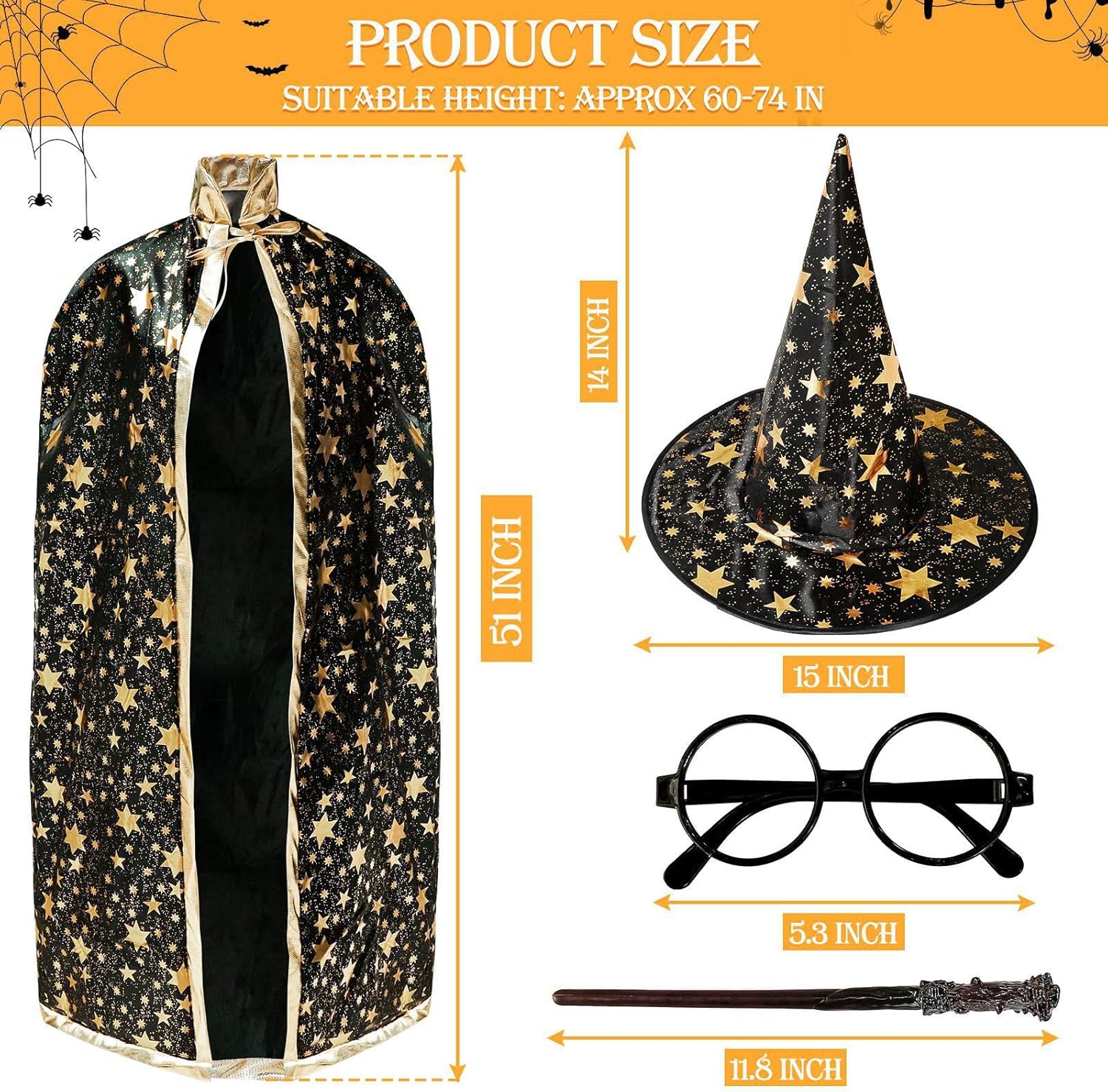 iGeeKid 4 Pack Halloween Wizard Costume Set for Adults, Include Witch Cloak, Wizard Hat, Wand and Round Glasses for Men Women - Image 2