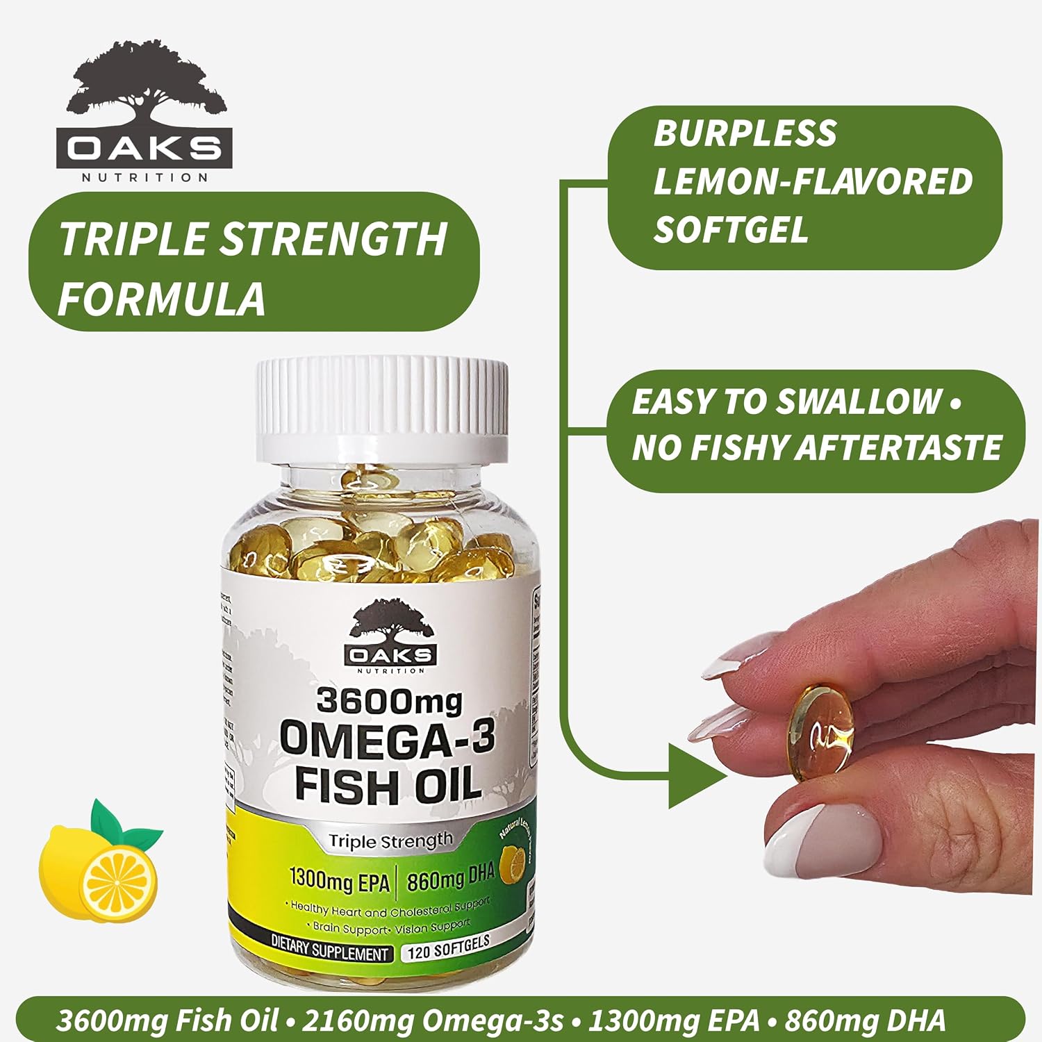 Omega 3 Fish Oil 3600mg | Triple Strength Burpless Softgels | 2160mg Omega-3s with 1300mg EPA & 860mg DHA | Ultra Purified, Wild Caught, Lemon Flavor, 120 Softgels, 60 Day Supply