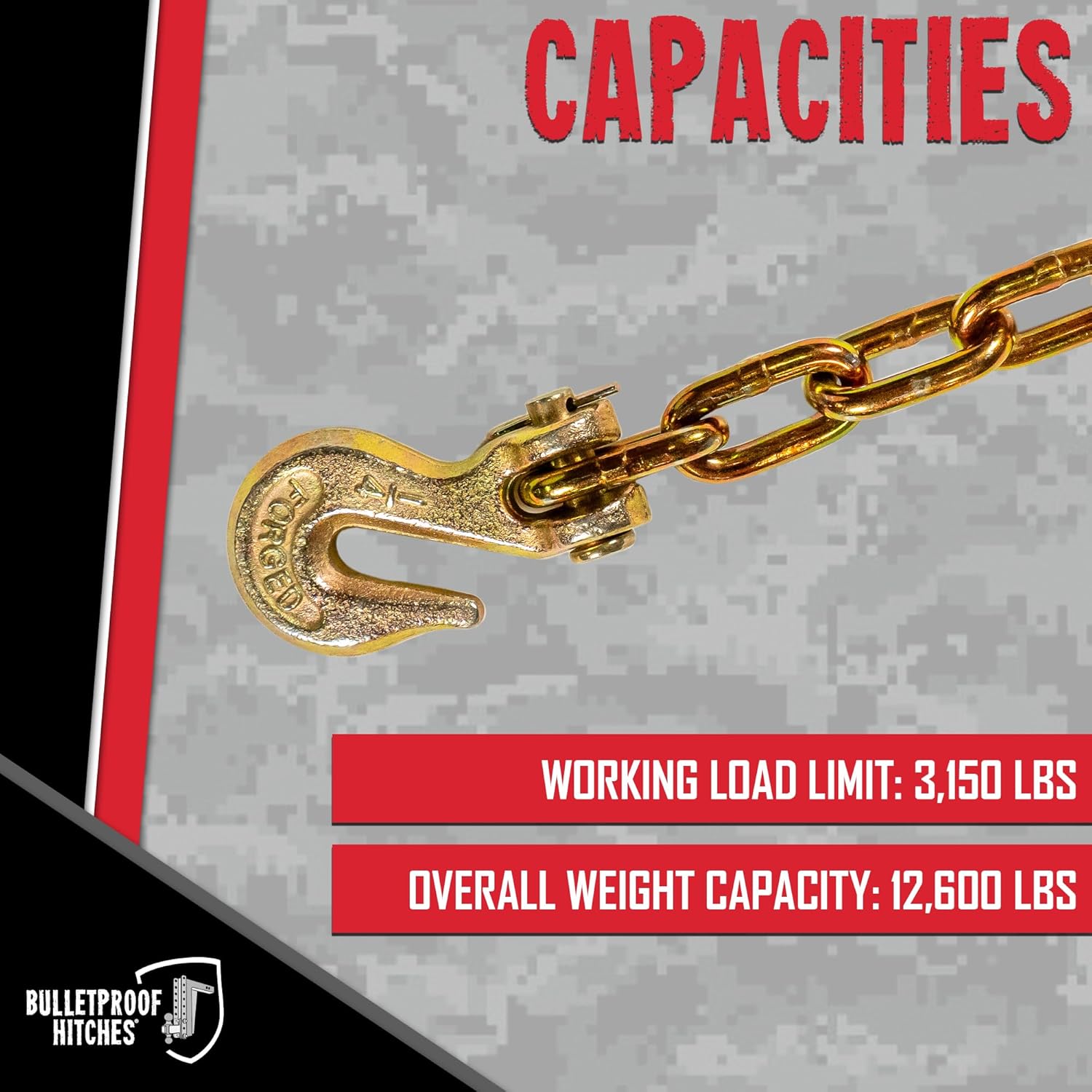 BulletProof Hitches - 1/4" x 12' Transport Chains - 1/4 Inch Chain Rated to 12,600 lbs with a Working Load Limit of 3,150 lbs - Grade 70, DOT Compliant - Gold Chromate, Corrosion Resistant