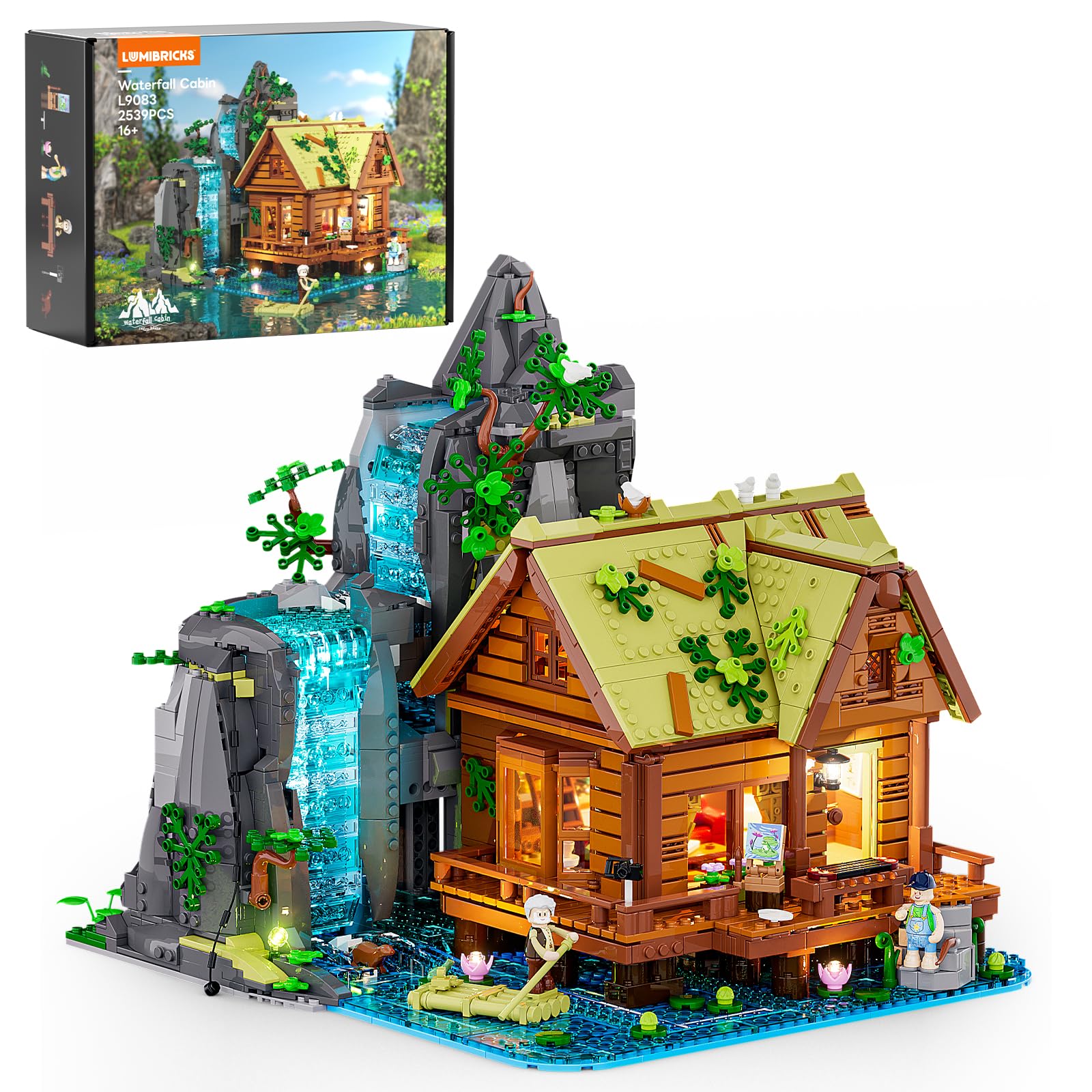 LUMIBRICKS Waterfall-Cabin Lighting Building-Bricks Set - 2539 Pcs Retro Waterfall House Collection LED Light Set for Adults and Retro House Architecture Building Collectors